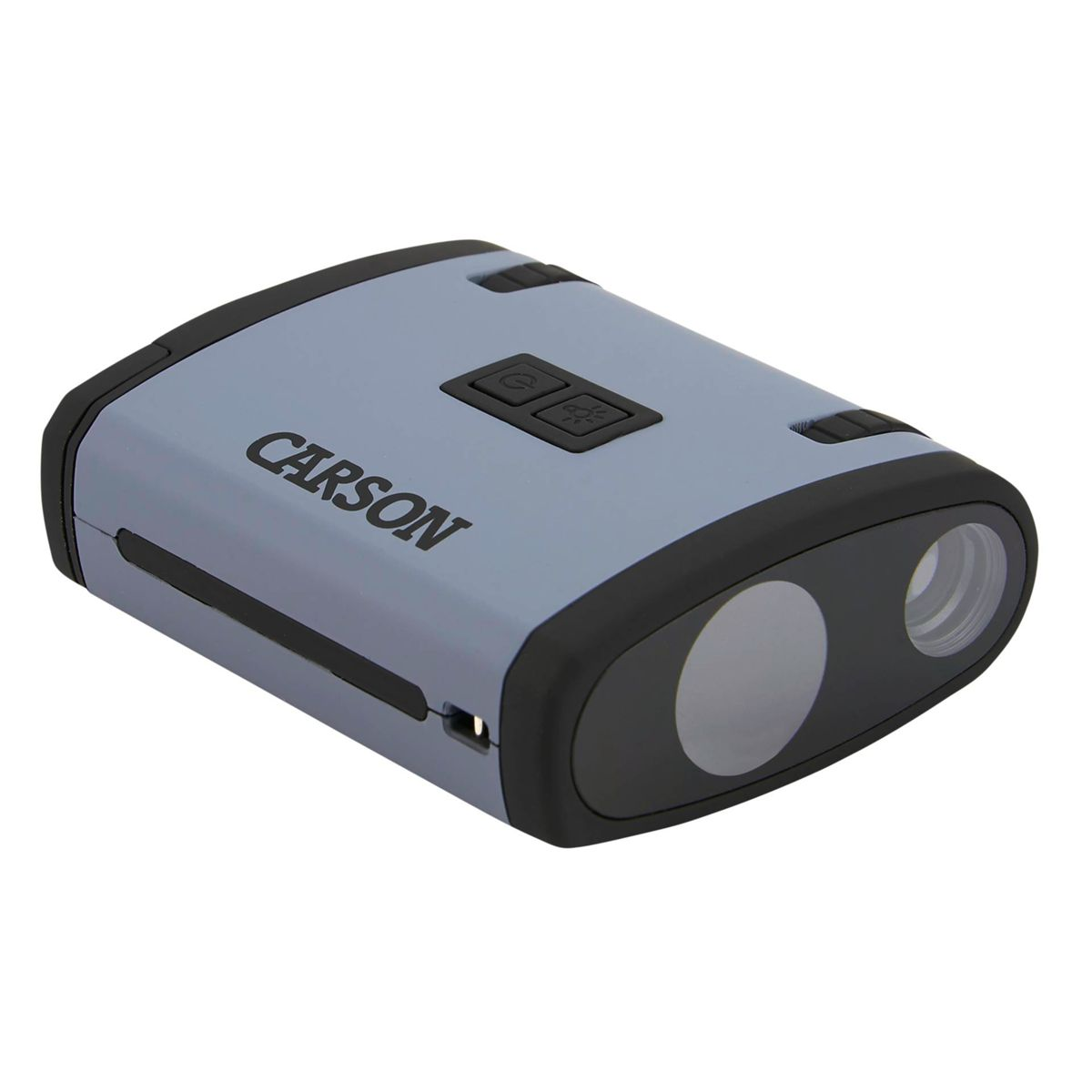 Telemetro Carson grigio. Dettagli neri e logo Carson. Due aperture frontali.