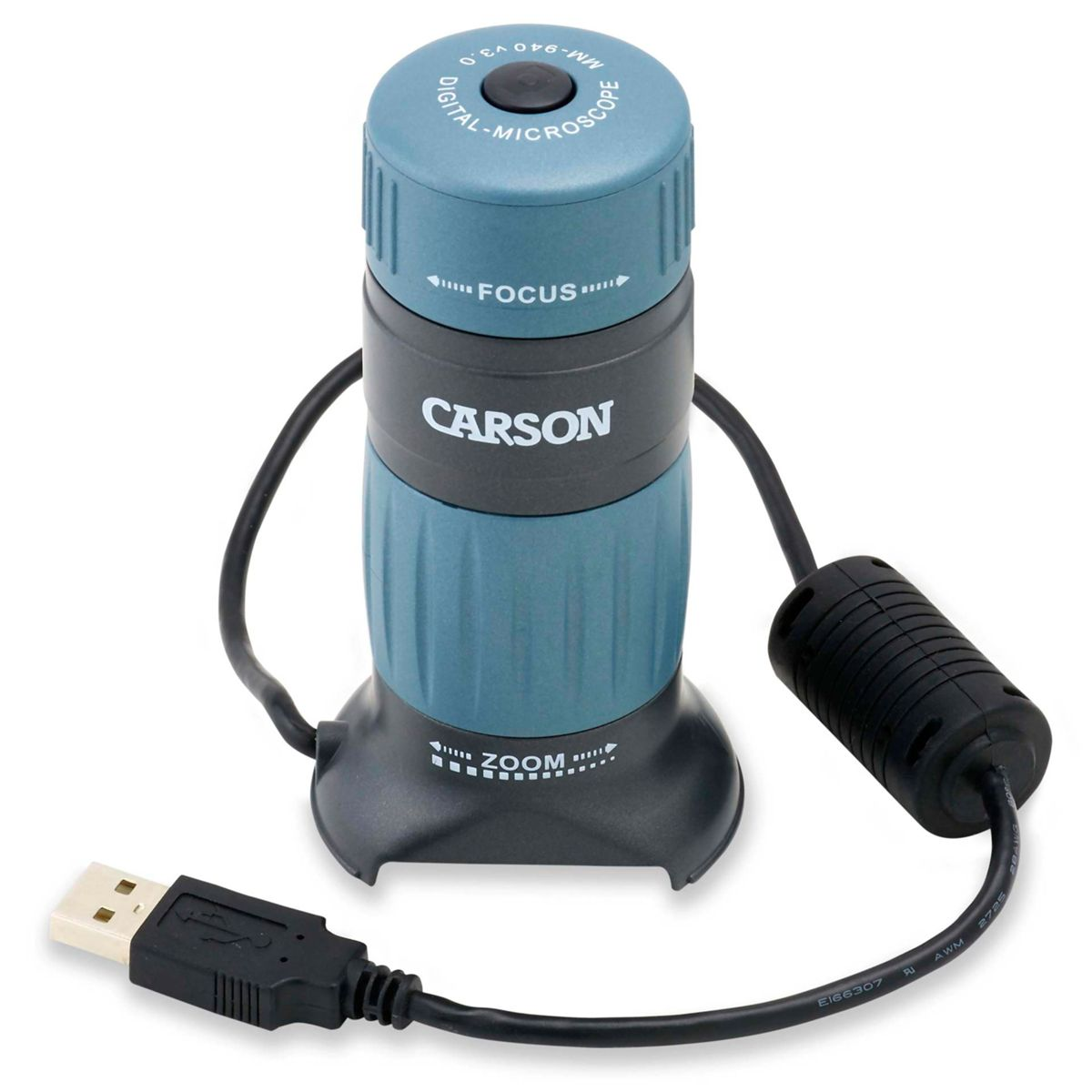 Ein teal-farbenes und schwarzes digitales Mikroskop mit einem USB-Kabel.