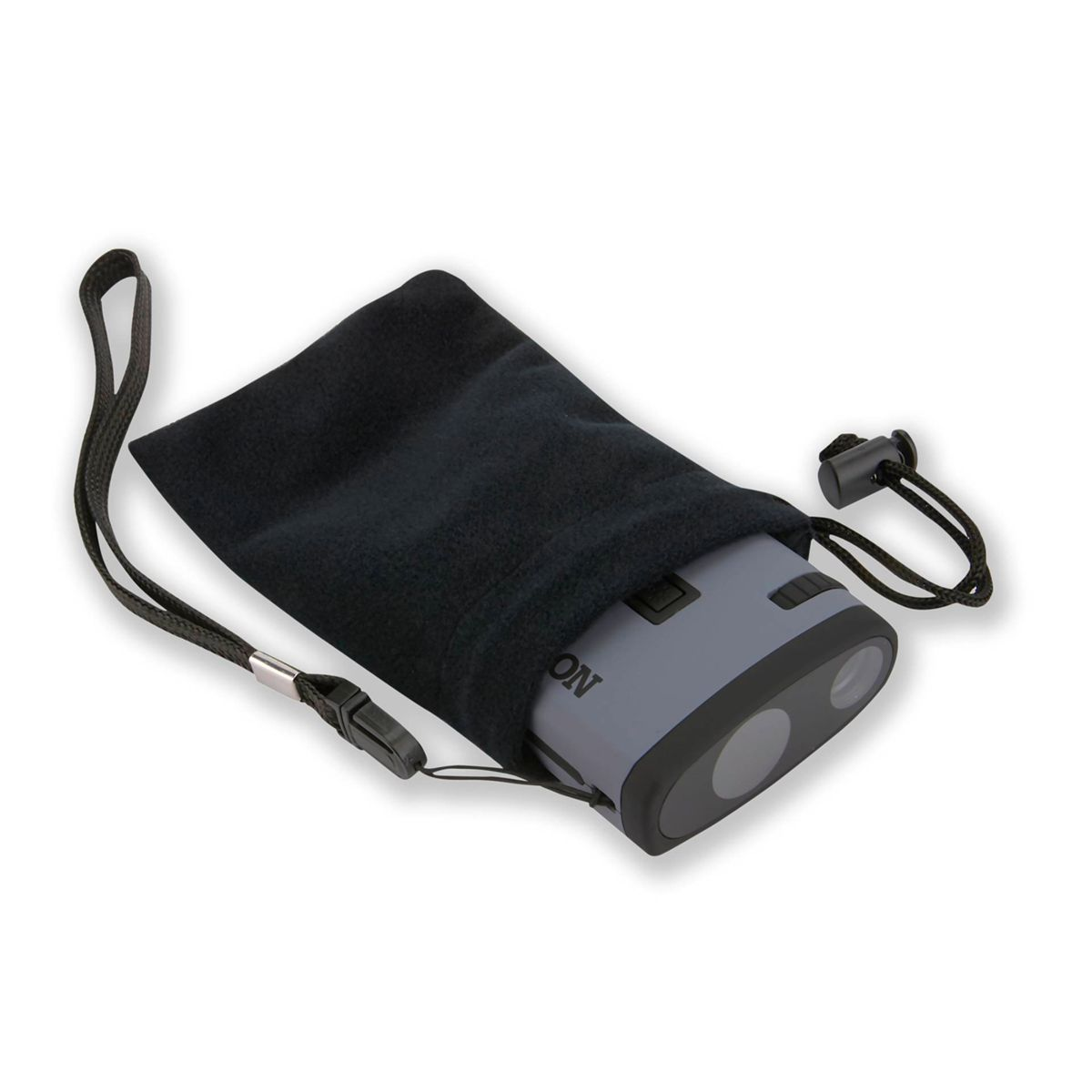 Grauer Entfernungsmesser in einer schwarzen Tasche mit Kordelzug und Handschlaufe.