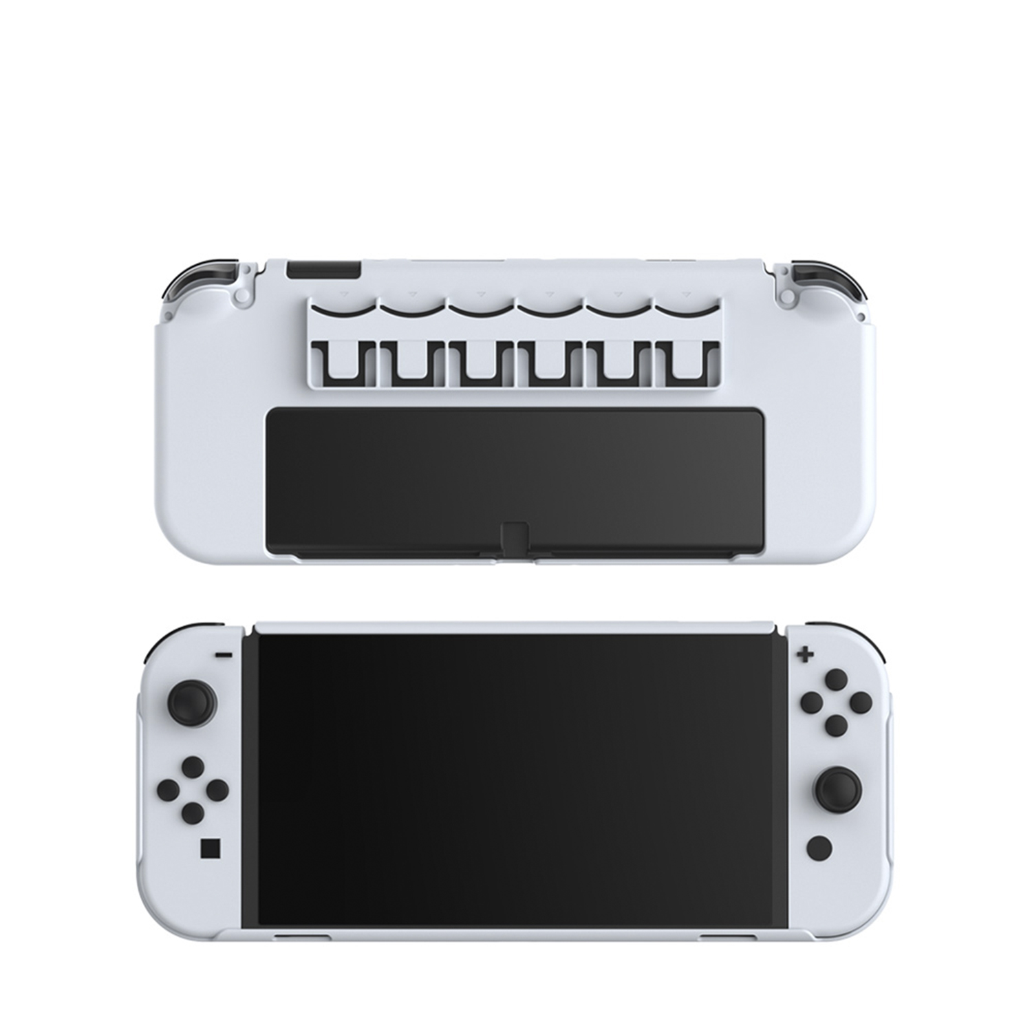 Carcasa blanca de Nintendo Switch, con las piezas superior e inferior mostradas sobre un fondo blanco.