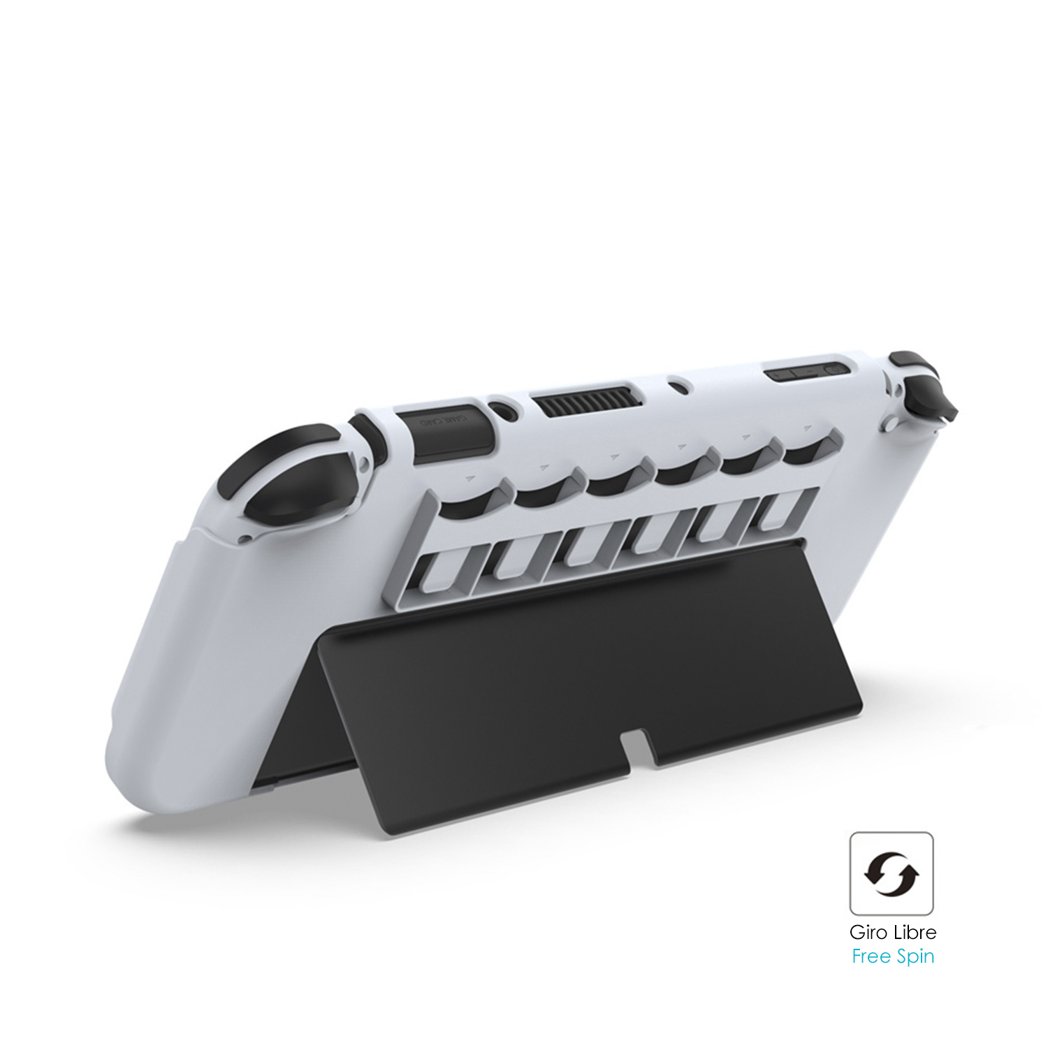 Funda blanca de Nintendo Switch con soporte.