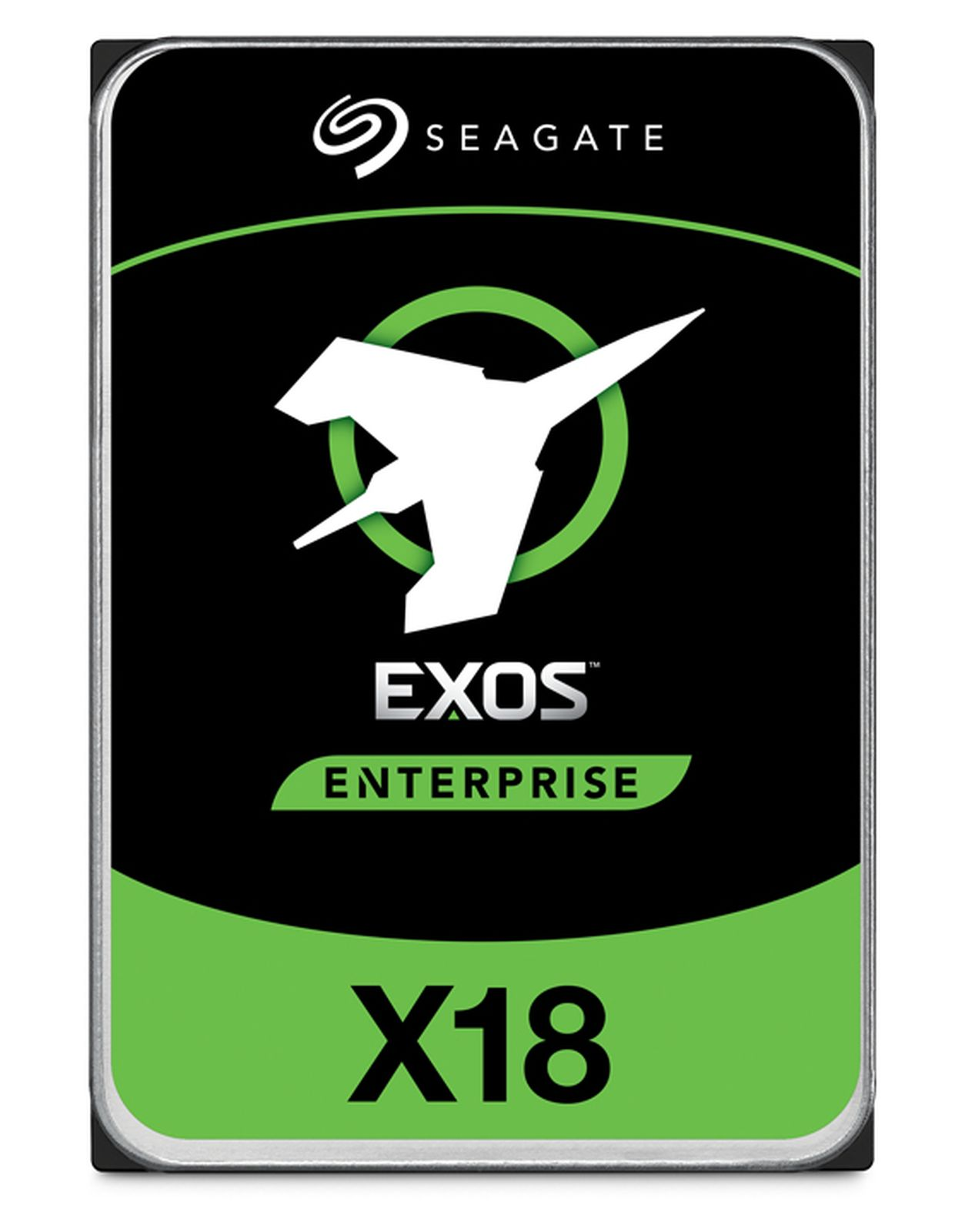 Een Seagate Exos Enterprise X18 harde schijf. Zwart, groen en wit kleurenschema. De schijf zit in de doos.
