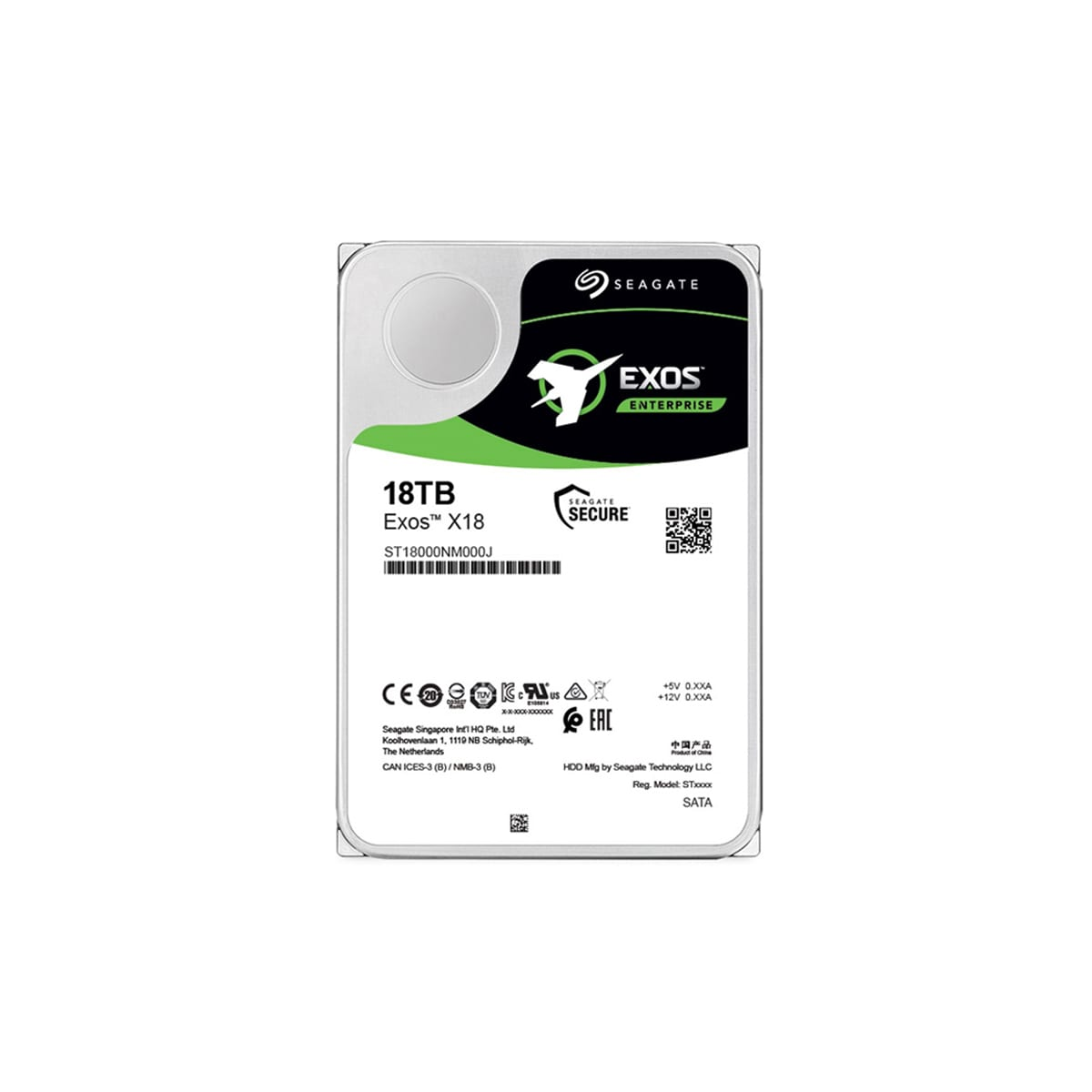 Un disco duro con el logotipo de Seagate y el texto Exos 18TB.