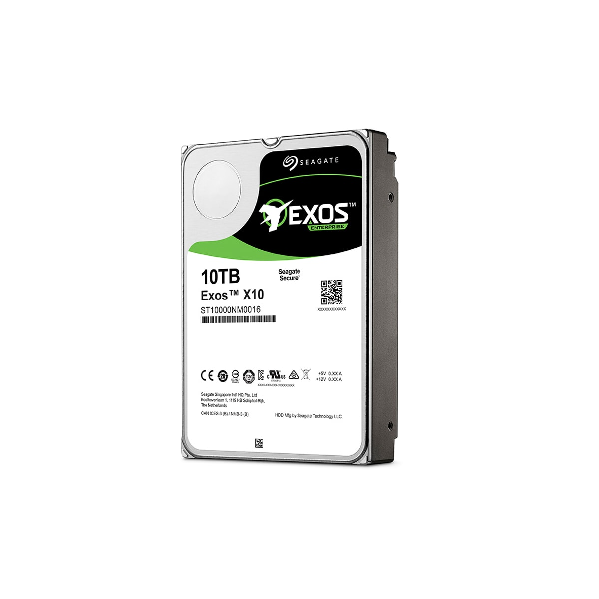 Un disco duro Seagate Exos de 10 TB con una etiqueta verde y el logotipo de Seagate.