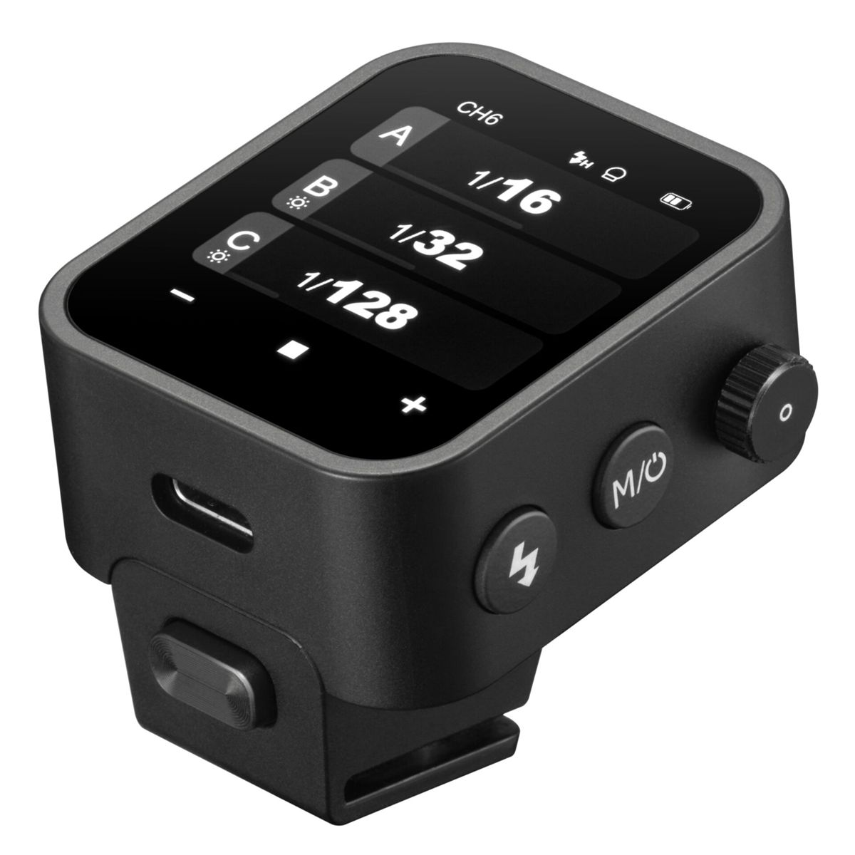 Black flash control device with LCD screen showing channels A, B, C and power levels.