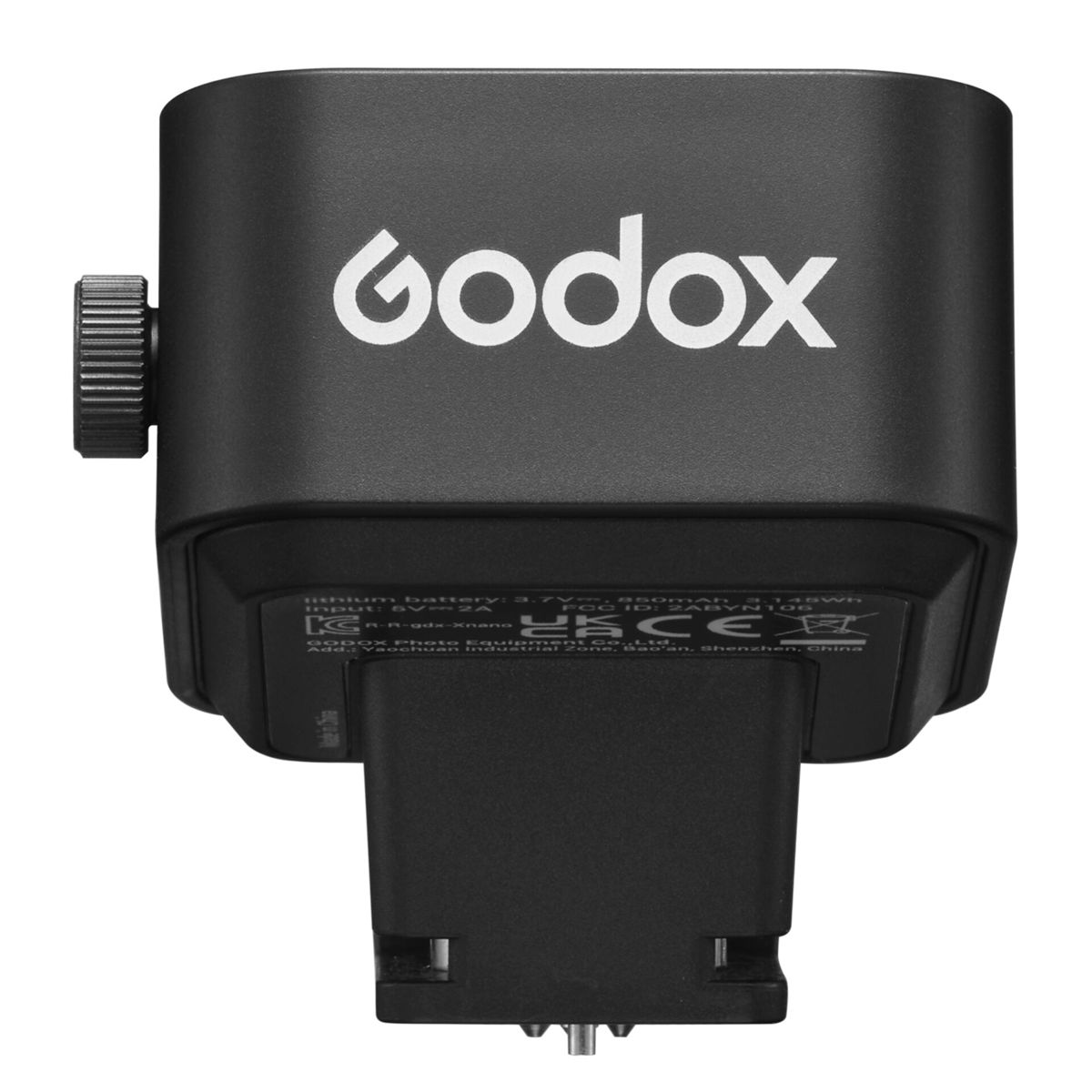 Appareil Godox noir avec logo blanc et spécifications visibles à l'arrière.