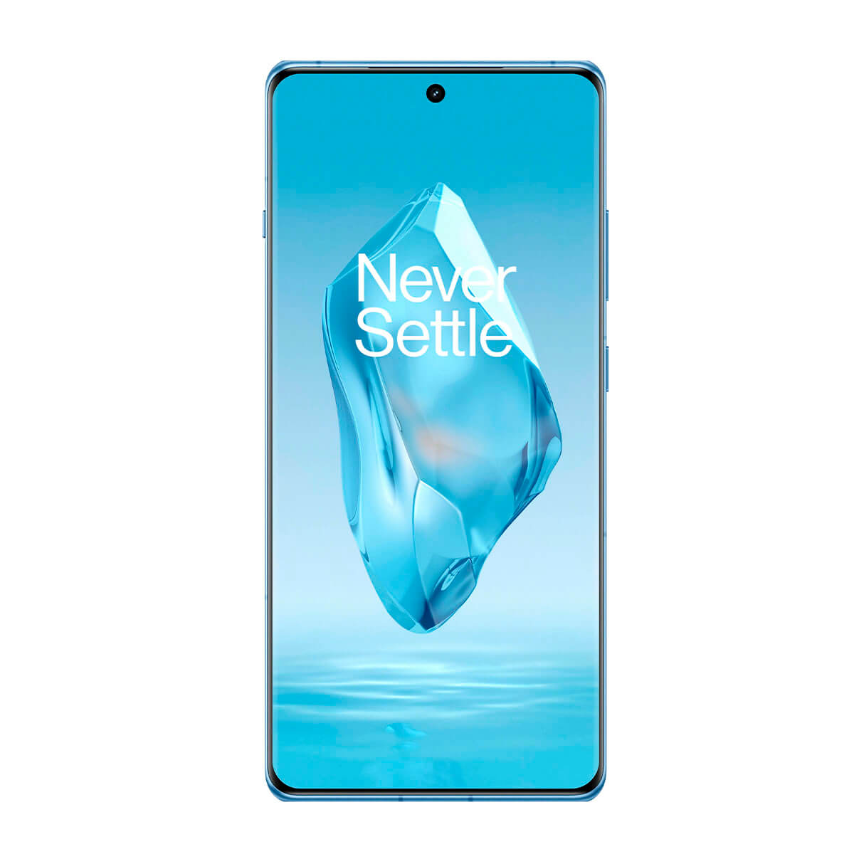 Blaues Smartphone, Vorderansicht. Der Bildschirm zeigt den Text 'Never Settle' auf blauem Hintergrund.