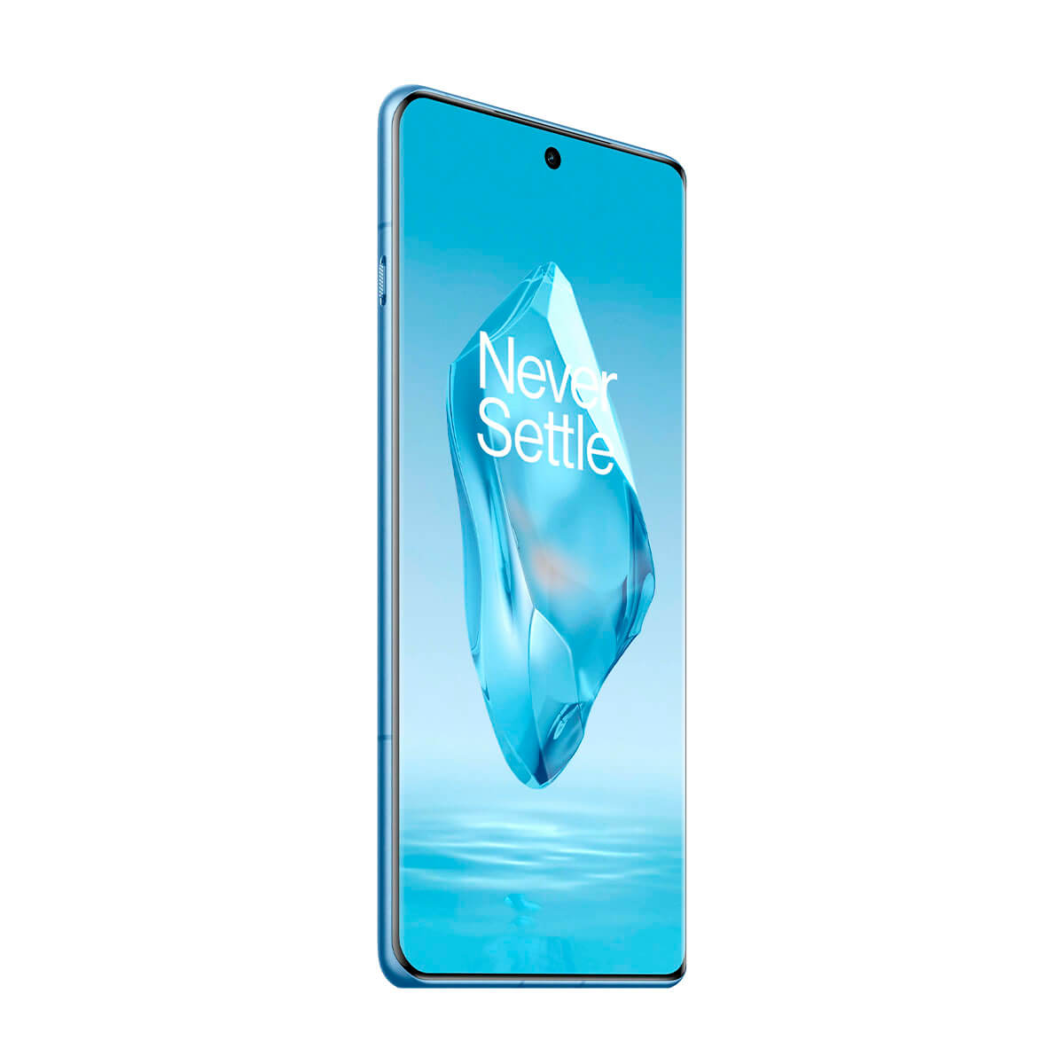 Blaues Smartphone mit Kristallgrafik auf dem Bildschirm und den Worten "Never Settle". Das Telefon ist angewinkelt.