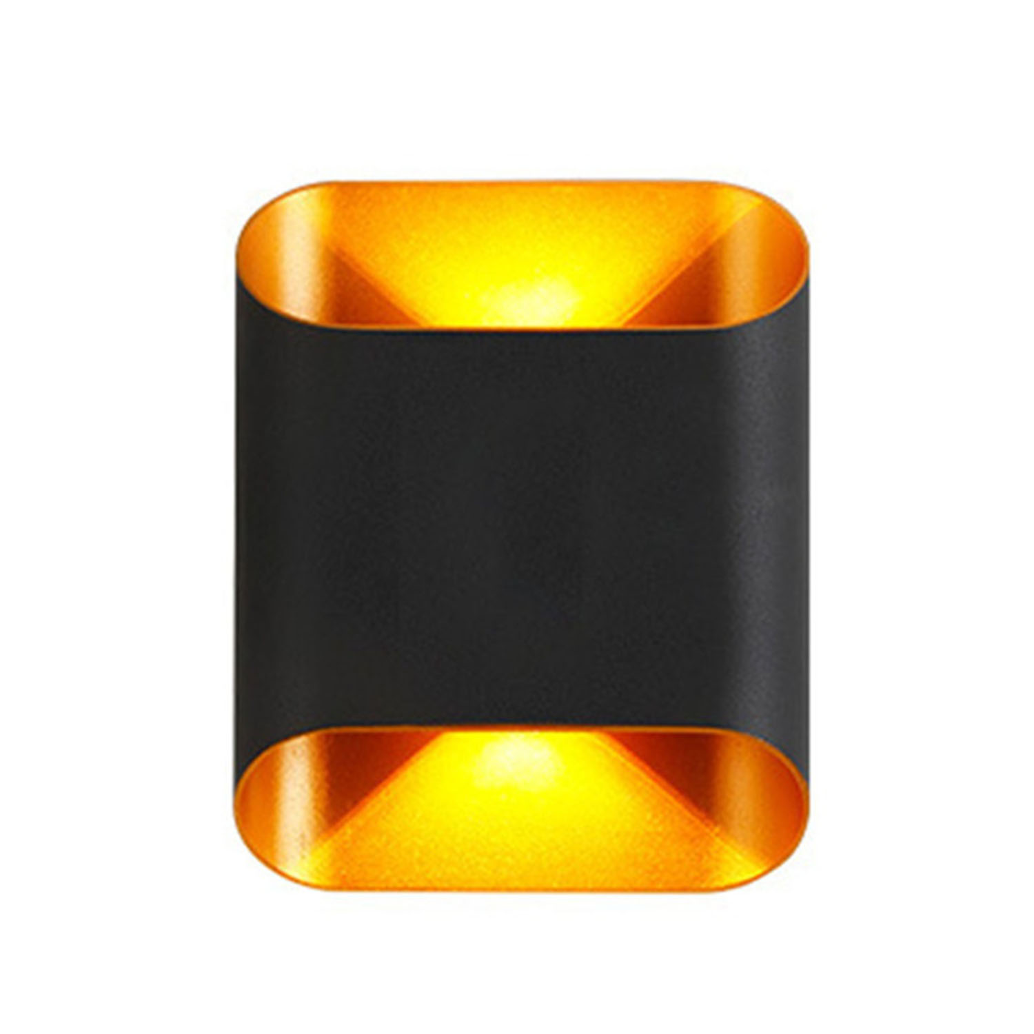 Schwarze und goldene Außenleuchte. Zwei Lichtquellen. Weißer Hintergrund.