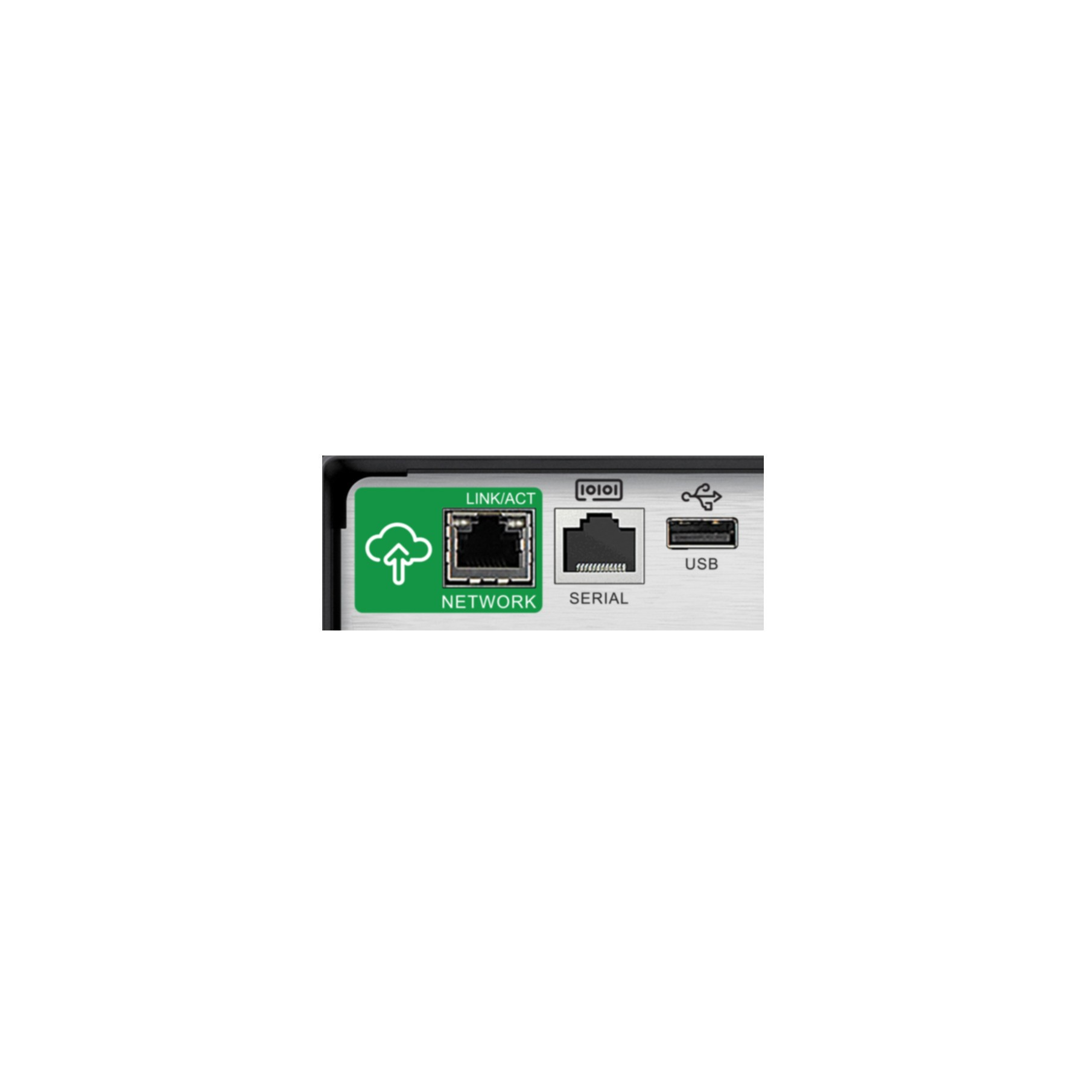 Nahaufnahme von Netzwerkanschlüssen: Netzwerk, Seriell und USB, alle beschriftet.