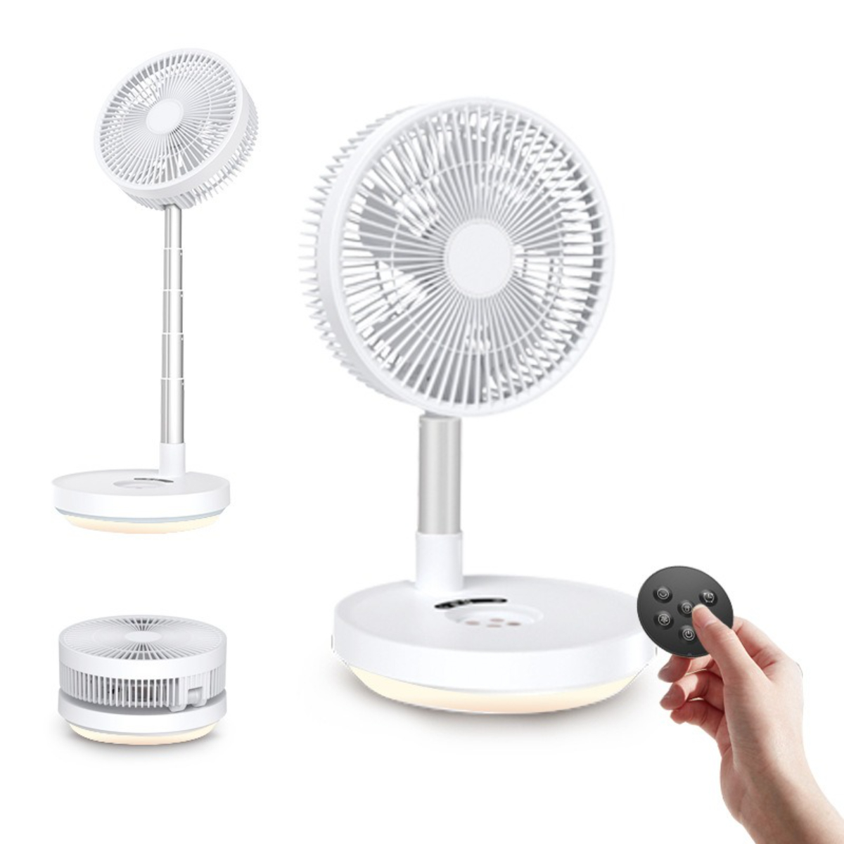 Weißer Ventilator mit Fernbedienung, in mehreren Ansichten, vor weißem Hintergrund.