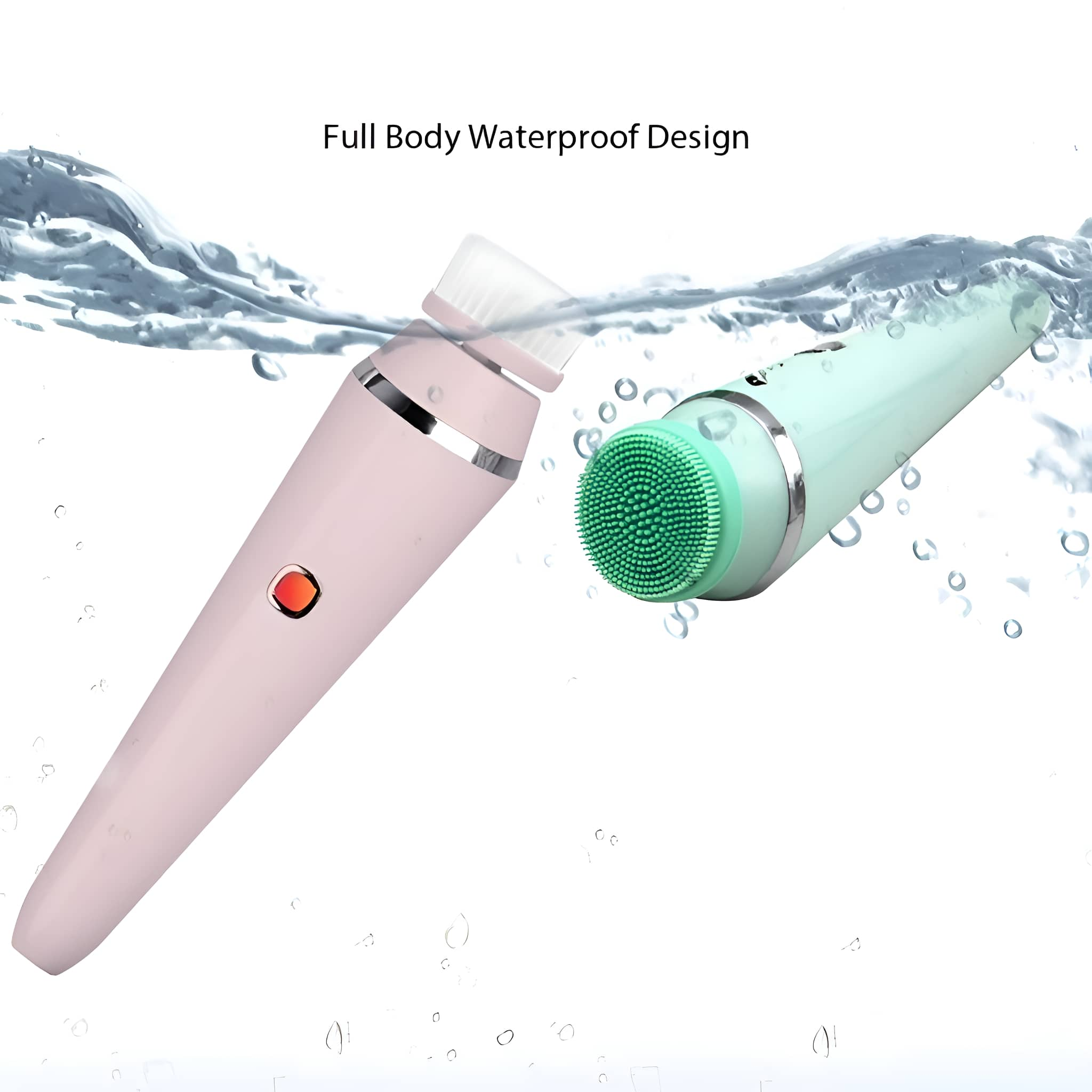 Zwei elektrische Gesichtsbürsten im Wasser. Rosa und grüne Farben. Weißer Hintergrund.