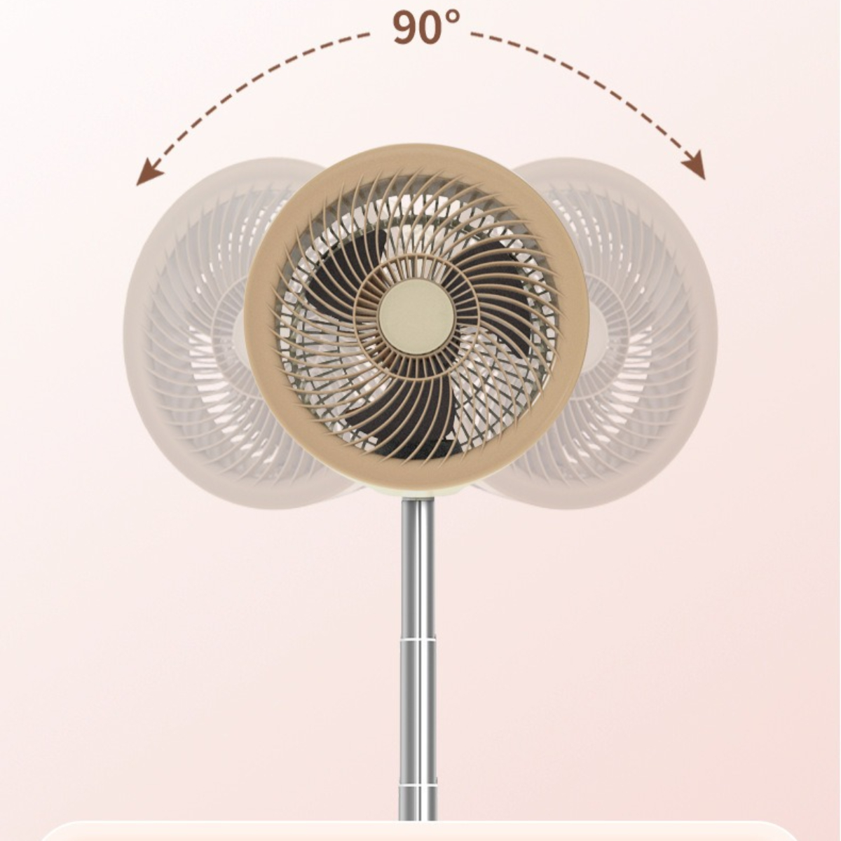 Ein beigefarbener Ventilator mit drehbarem Kopf.