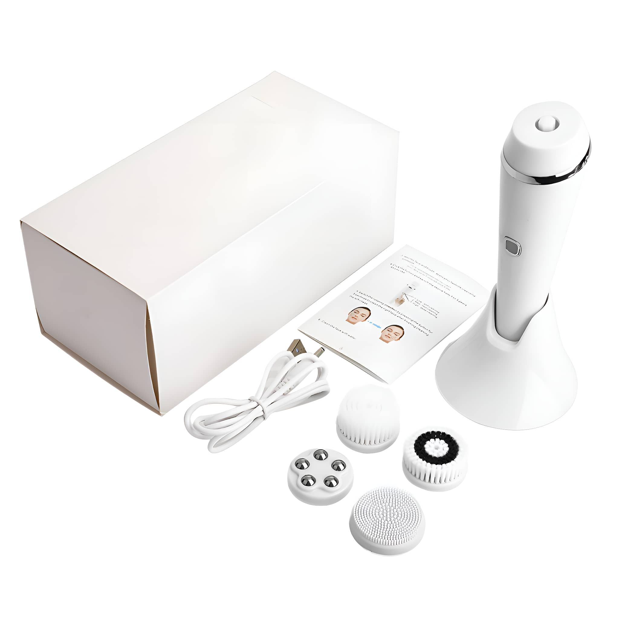 Weißes Gesichtsreinigungsbürsten-Set mit Ladestation, Bürsten und Zubehör, und eine weiße Box.