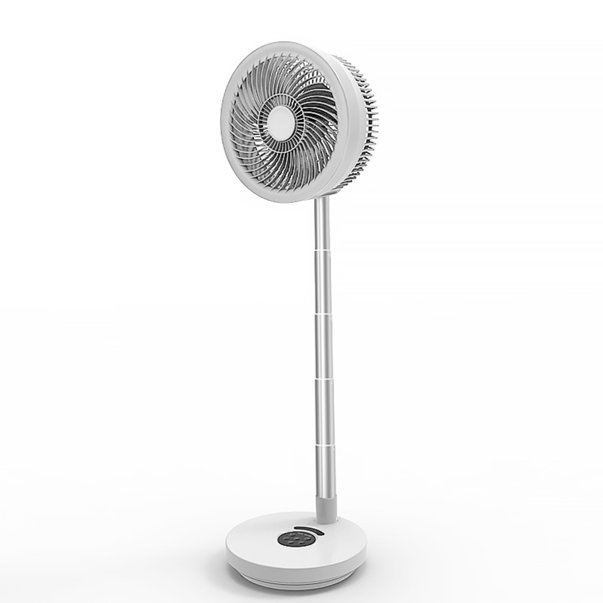 Weißer, verstellbarer Standventilator auf weißer Oberfläche. Es hat einen runden Kopf und Sockel.