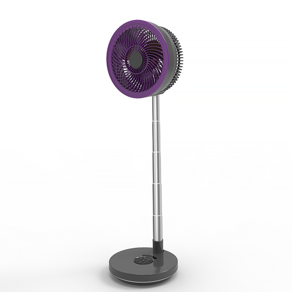 Ein lila-grauer elektrischer Ventilator, der auf einem runden Sockel mit einer langen Metallstange steht.