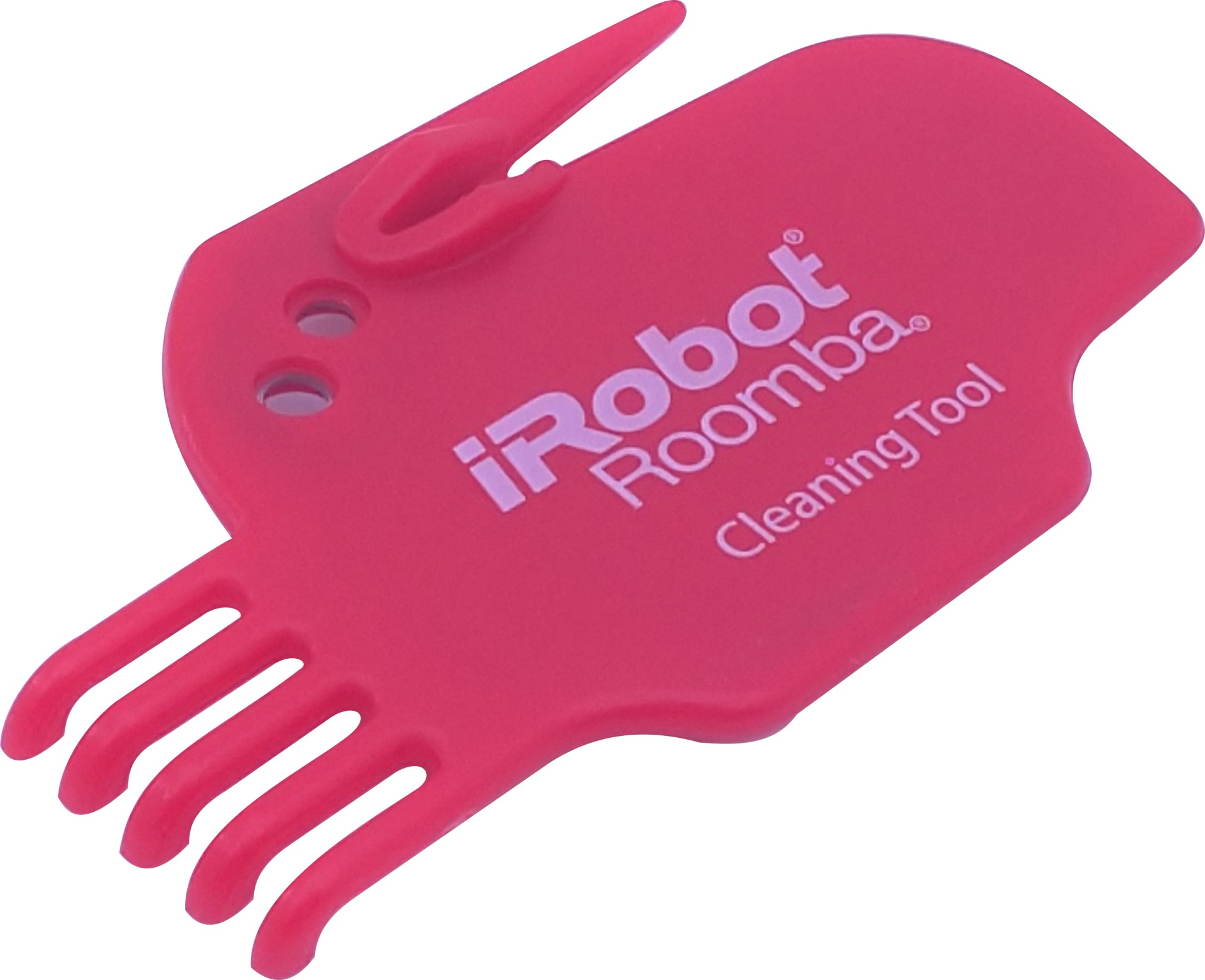 Ein rotes iRobot Roomba Reinigungswerkzeug auf weißem Hintergrund. Es hat einen Griff und kammartige Erweiterungen.