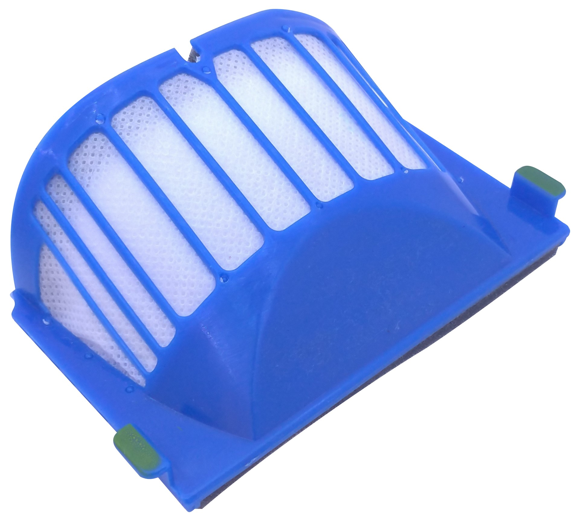 Ein blauer Staubsaugerfilter mit weißem Filtermaterial, der die Innenseite zeigt.