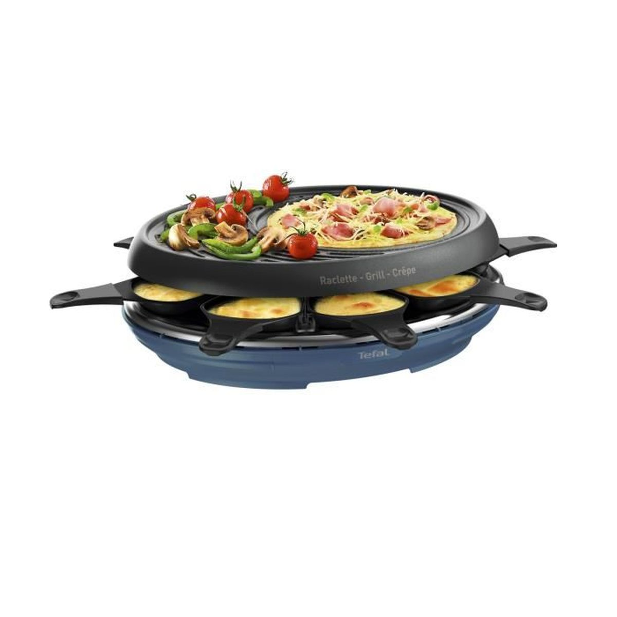 Griglia raclette rotonda con formaggio e cibo. Ha una base blu e una parte superiore nera.