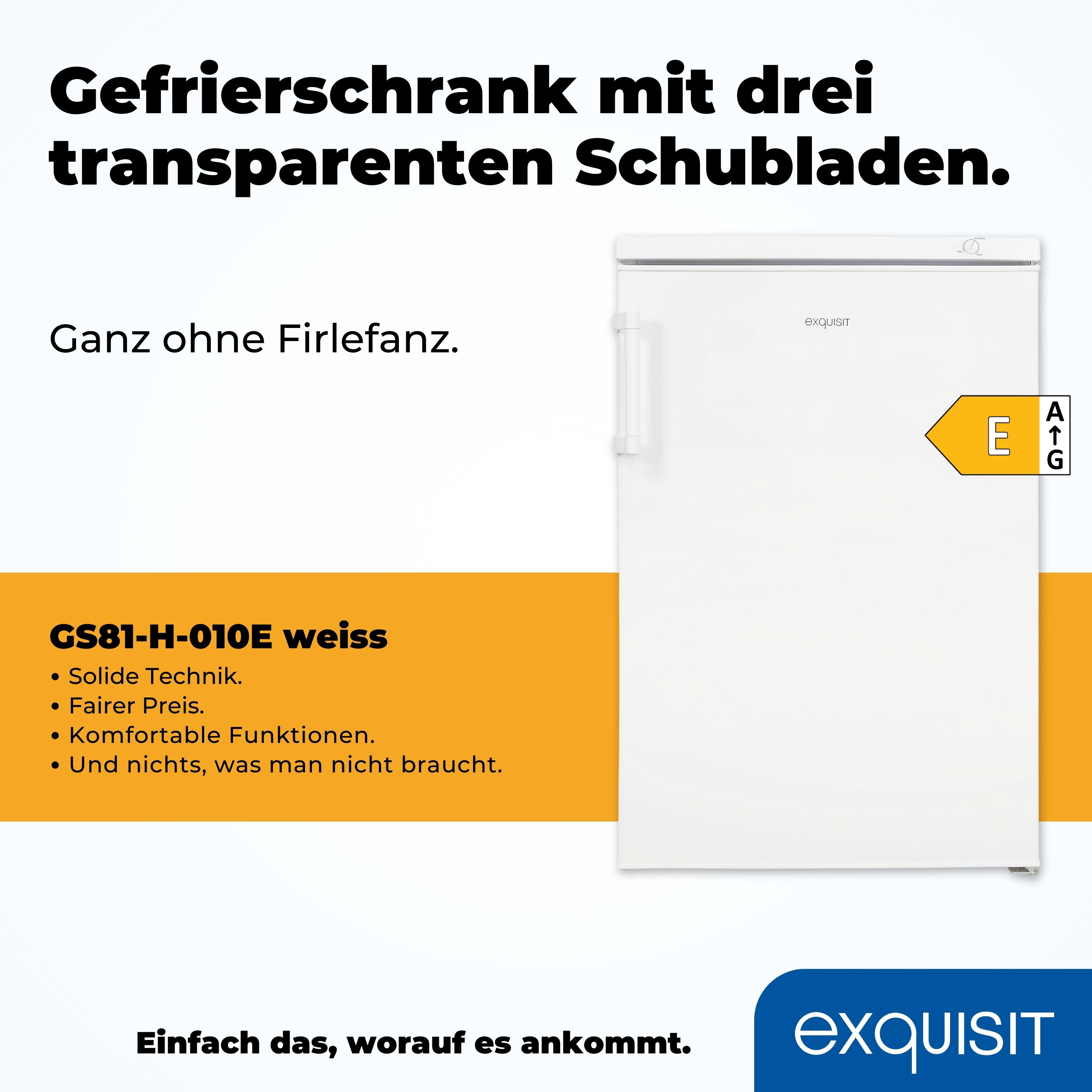 Ein weißer Kühlschrank mit drei transparenten Schubladen. Der Kühlschrank hat eine weiße Tür und ein gelbes Energielabel.