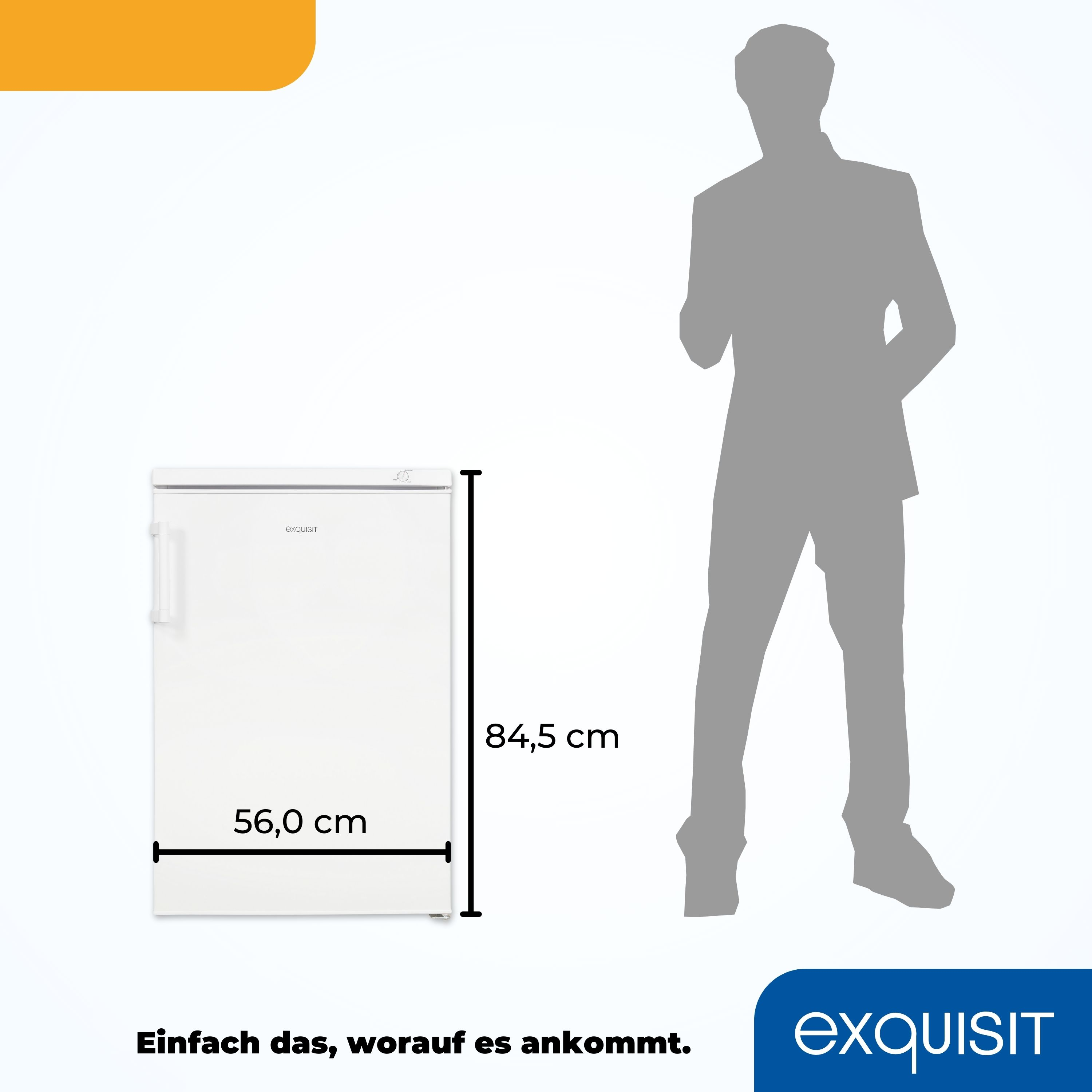 Ein weißer Kühlschrank mit Maßen neben einer grauen Silhouette.