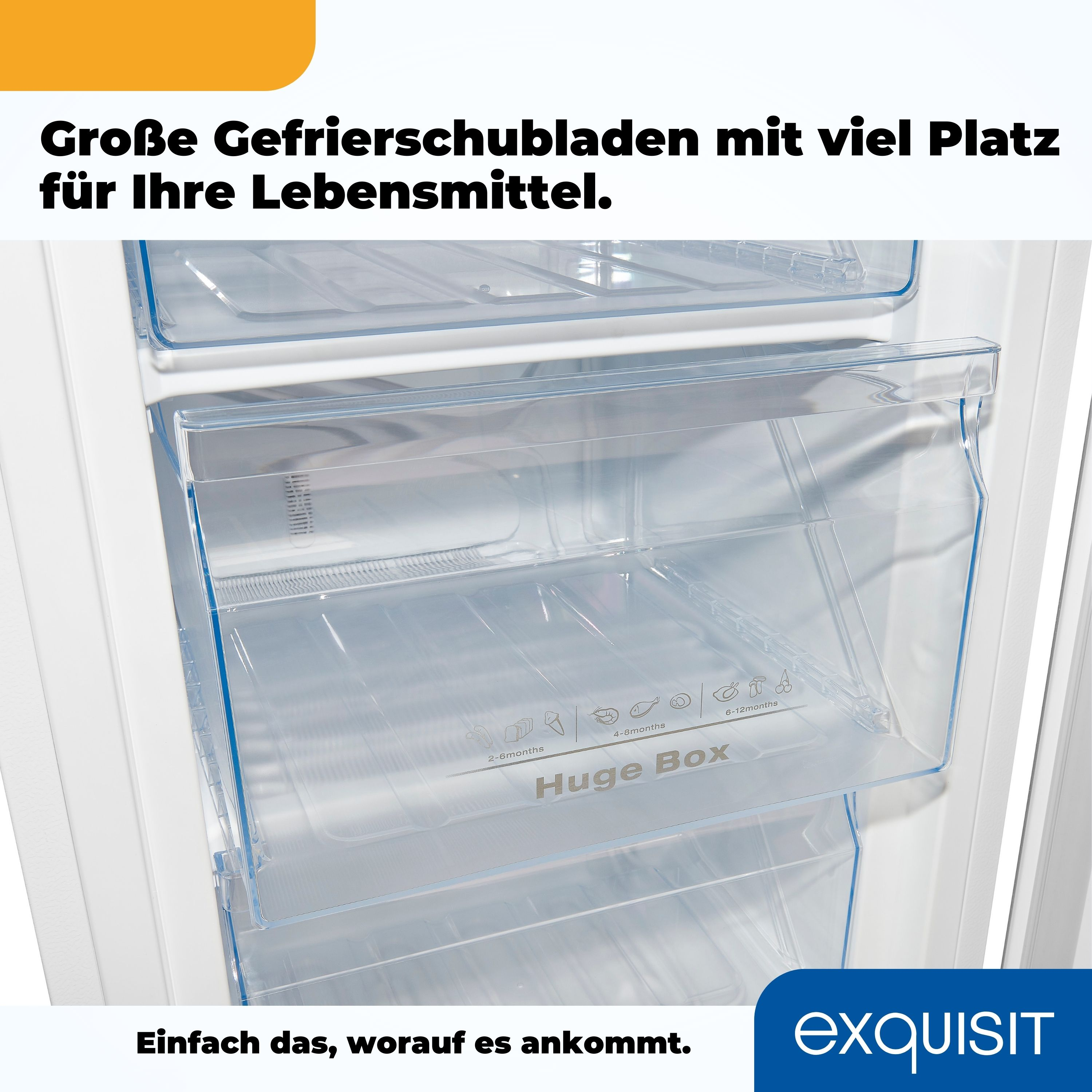 Kühlschrank mit offenen Schubladen. Transparente Kunststoffschubladen zeigen den Stauraum im Inneren.