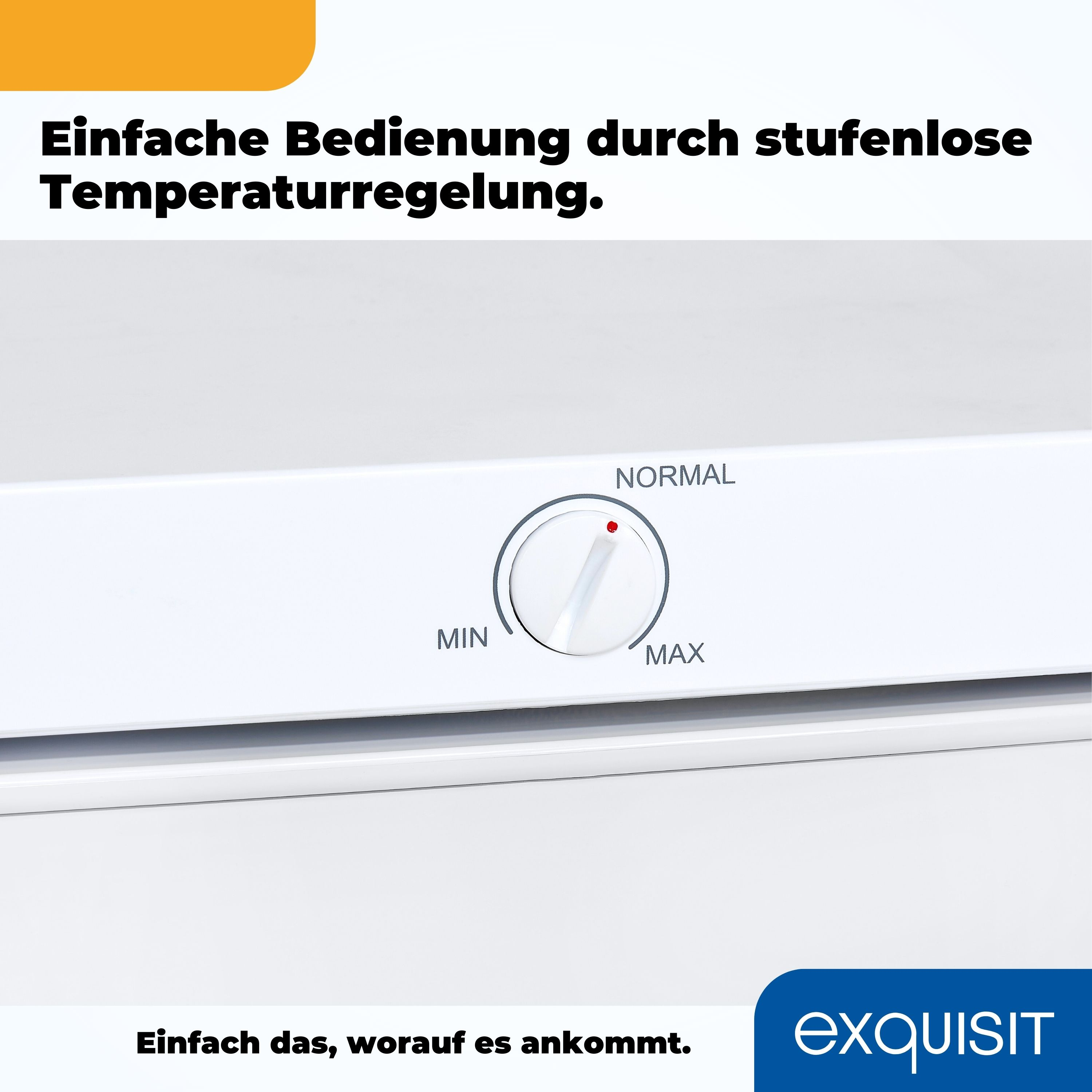 Nahaufnahme eines Temperaturreglers. Weißes Gerät mit Text MIN, NORMAL, MAX.