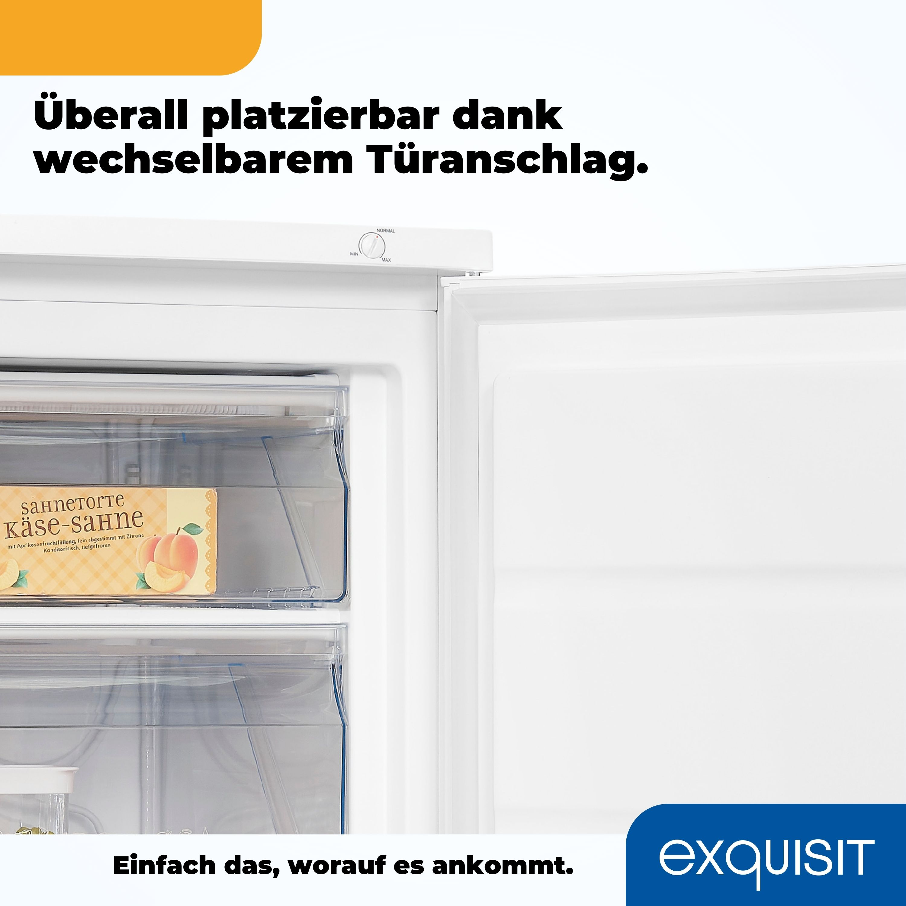 Geöffnete weißer Kühlschrank mit Regalen, mit Lebensmitteln. Text oben in Deutsch.