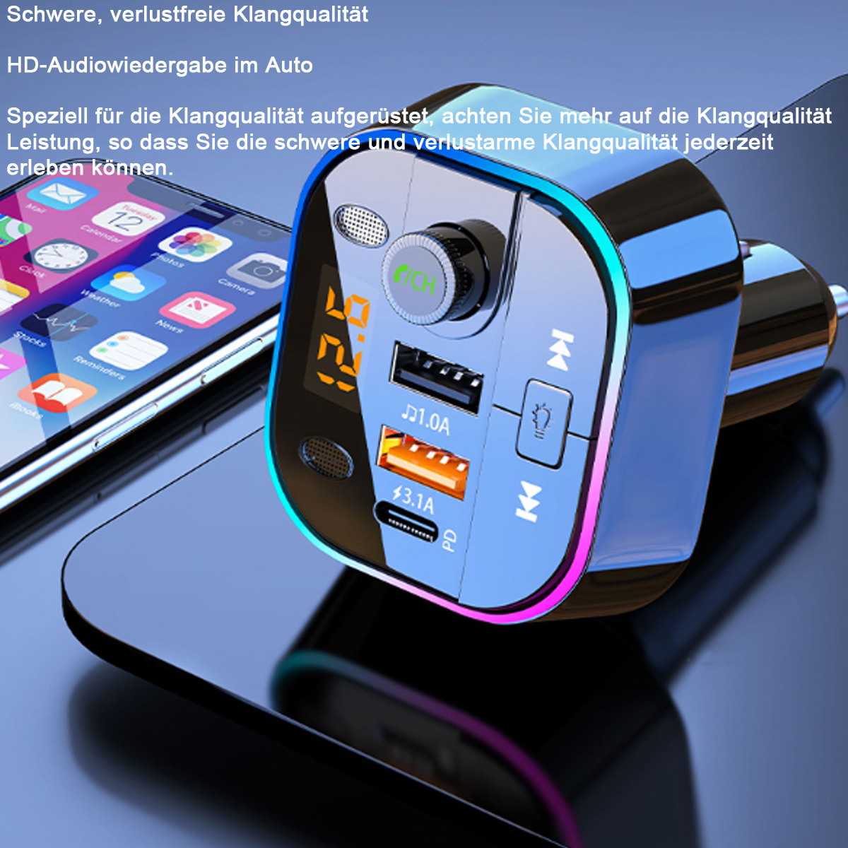 Autoladegerät mit Digitalanzeige und USB-Anschlüssen.