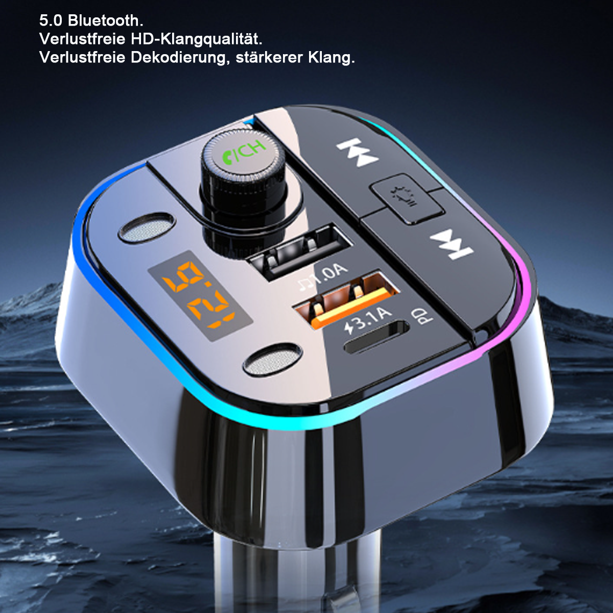 Schwarzes Gerät mit Digitalanzeige und Tasten, umgeben von farbigem Schein. USB- und Ladeanschlüsse.