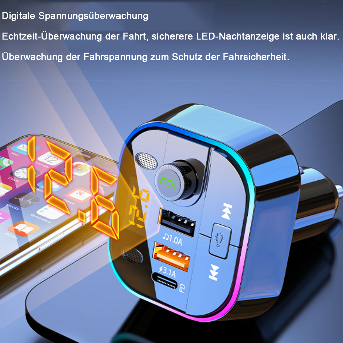 Autoladegerät zeigt digitale Spannung an, mit Telefon und farbenfrohem Lichtring.