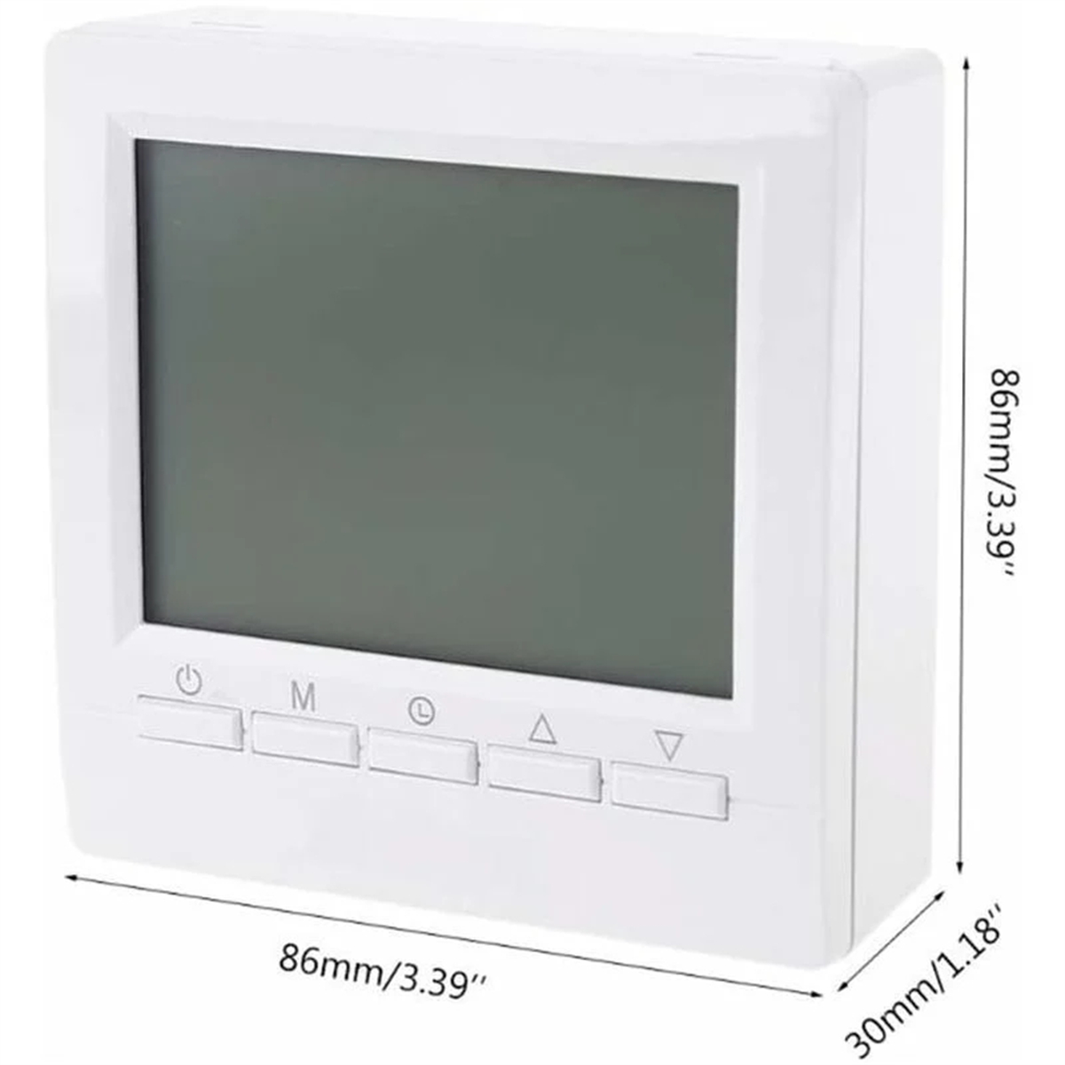 Weißer Thermostat mit Bildschirm und Knöpfen. Abmessungen sind angegeben.