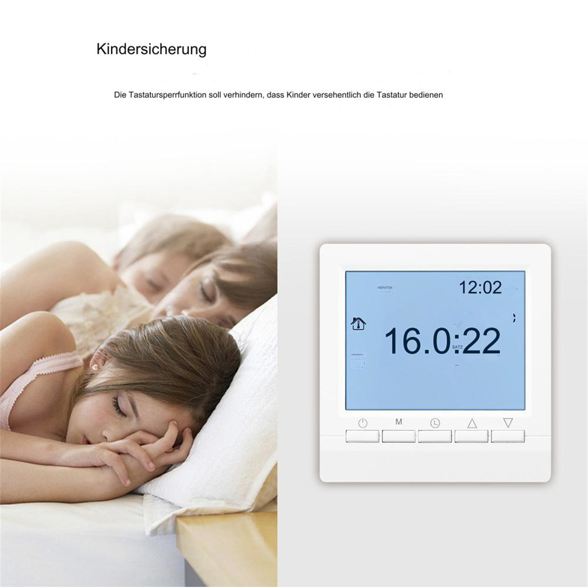 Zwei schlafende Kinder mit einem weißen Thermostat. Das Thermostat zeigt Zeit und Temperatur an.