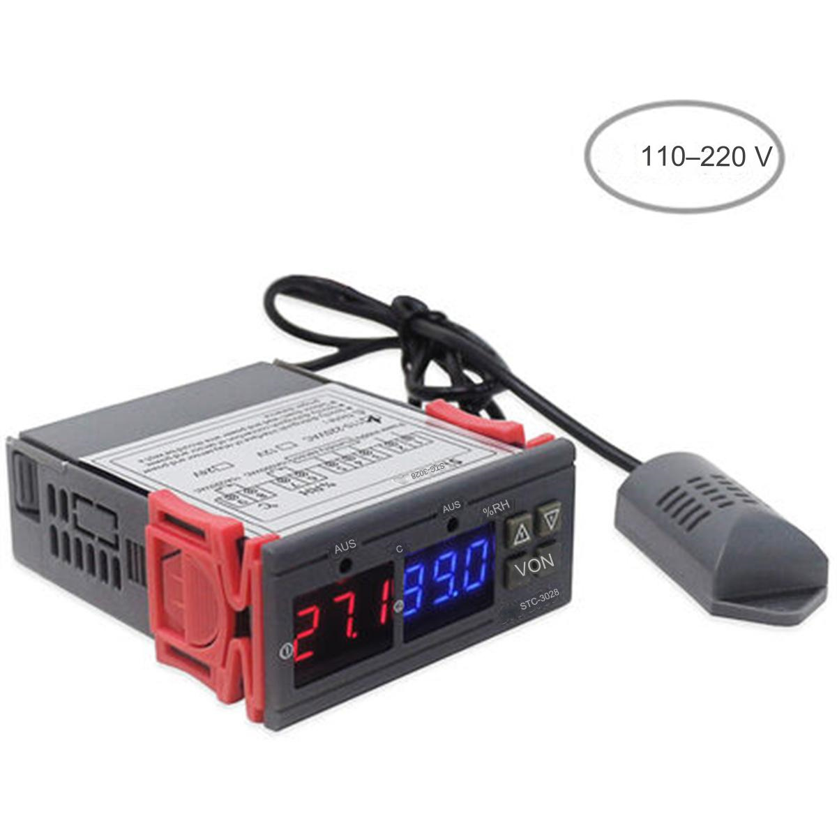 Digitales Thermostat mit Display und Sensor. Text: 110-220V.