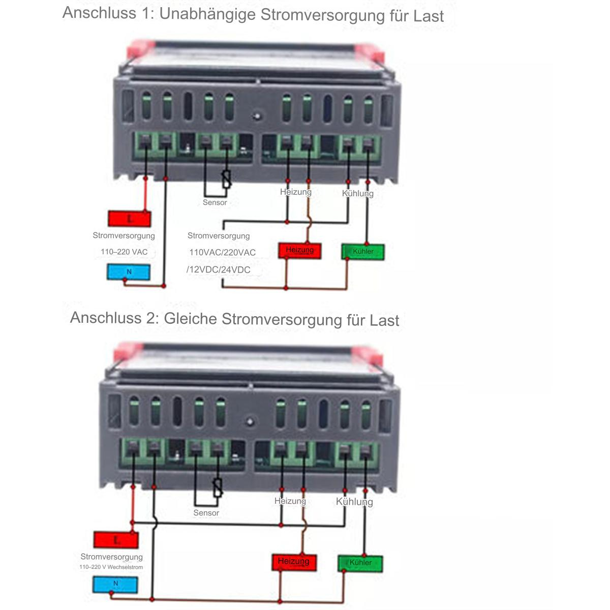 Zwei Diagramme elektronischer Steuereinheiten mit Verdrahtungsdetails und Beschriftungen.