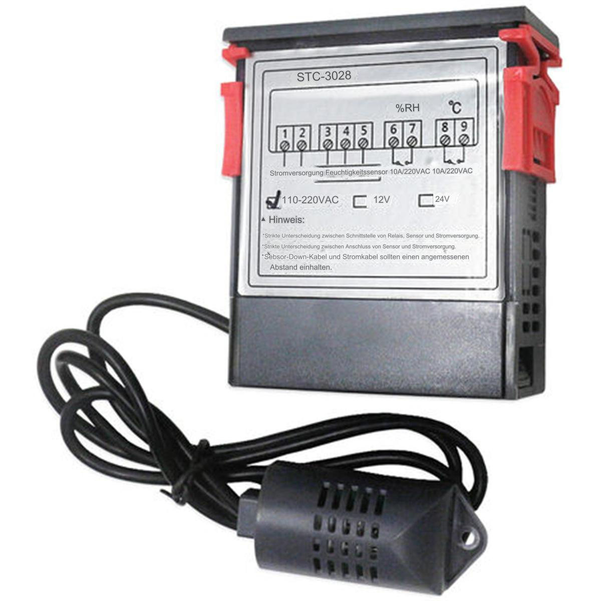 Digitaler Temperaturregler mit schwarzem Sensor und Kabeln. Rote Anschlüsse, weißes Display.