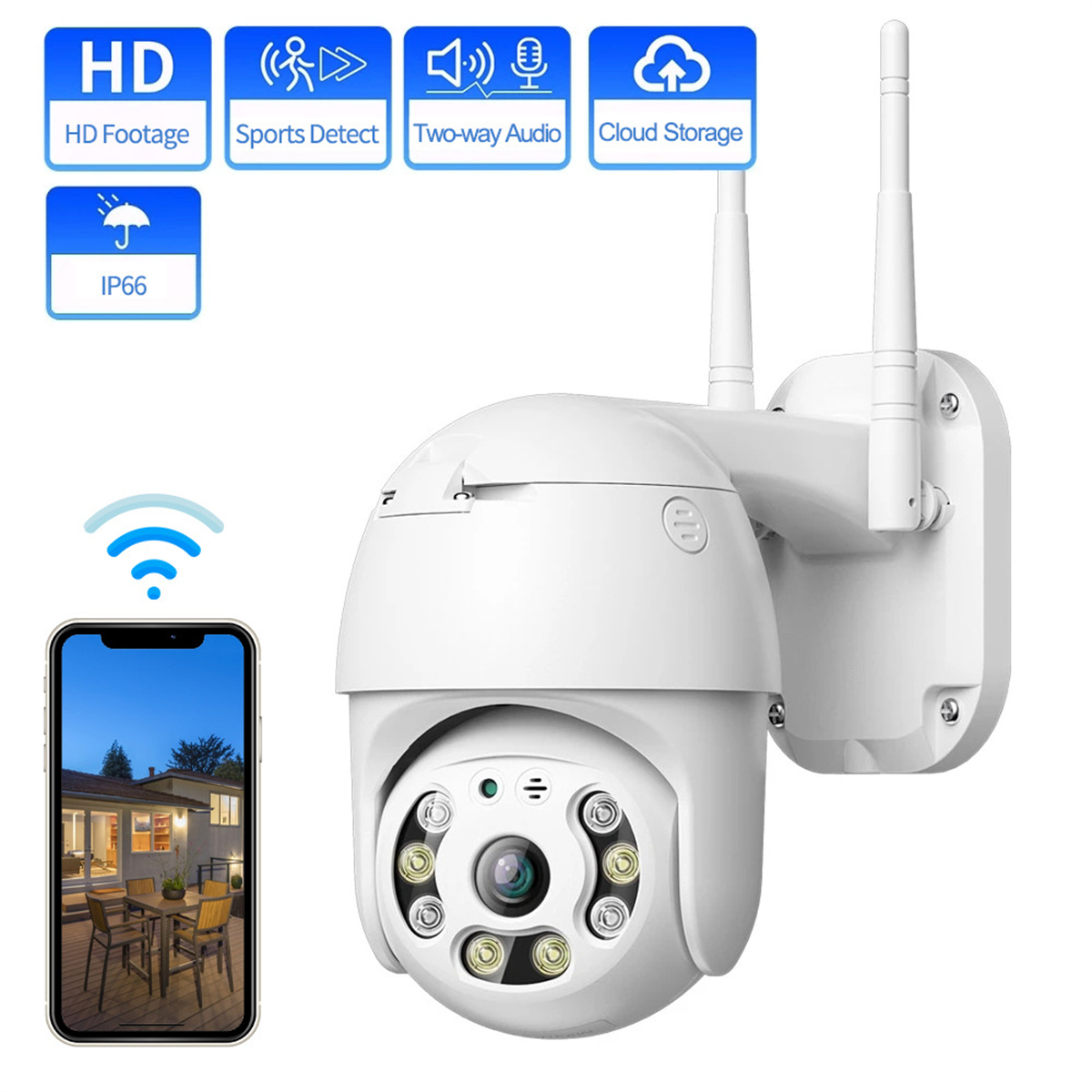 Weiße Überwachungskamera mit zwei Antennen, Smartphone und Icons: HD, Sport, Audio, Cloud.