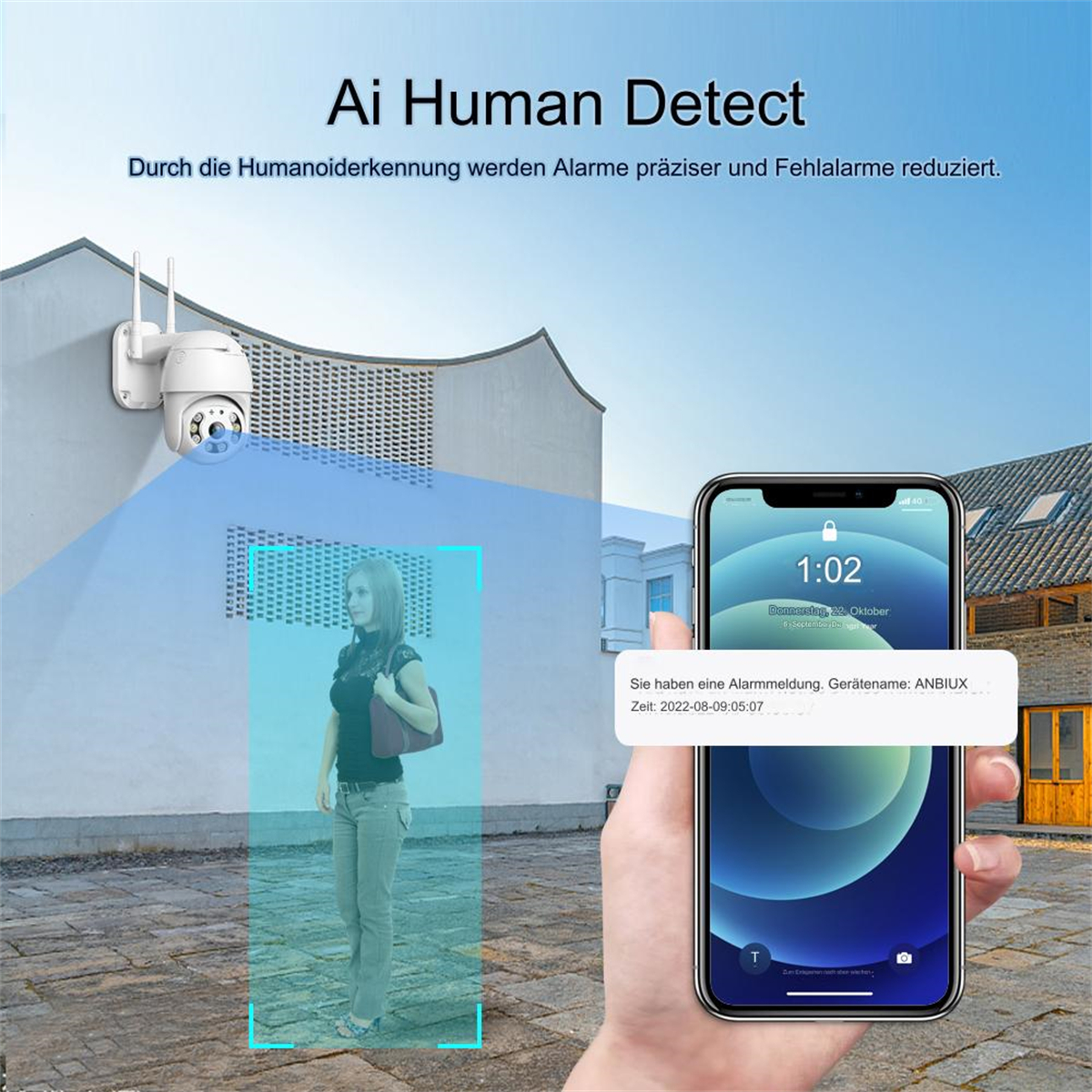 Eine Überwachungskamera mit einer Frau und einem Telefon, das eine Benachrichtigung über eine Person anzeigt.