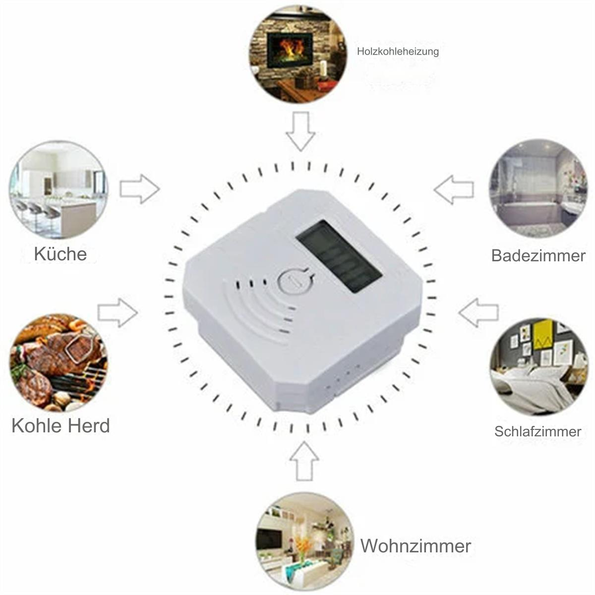 Diagramm eines Thermostats mit umliegenden Bildern von Räumen und Geräten. Weißer Hintergrund.
