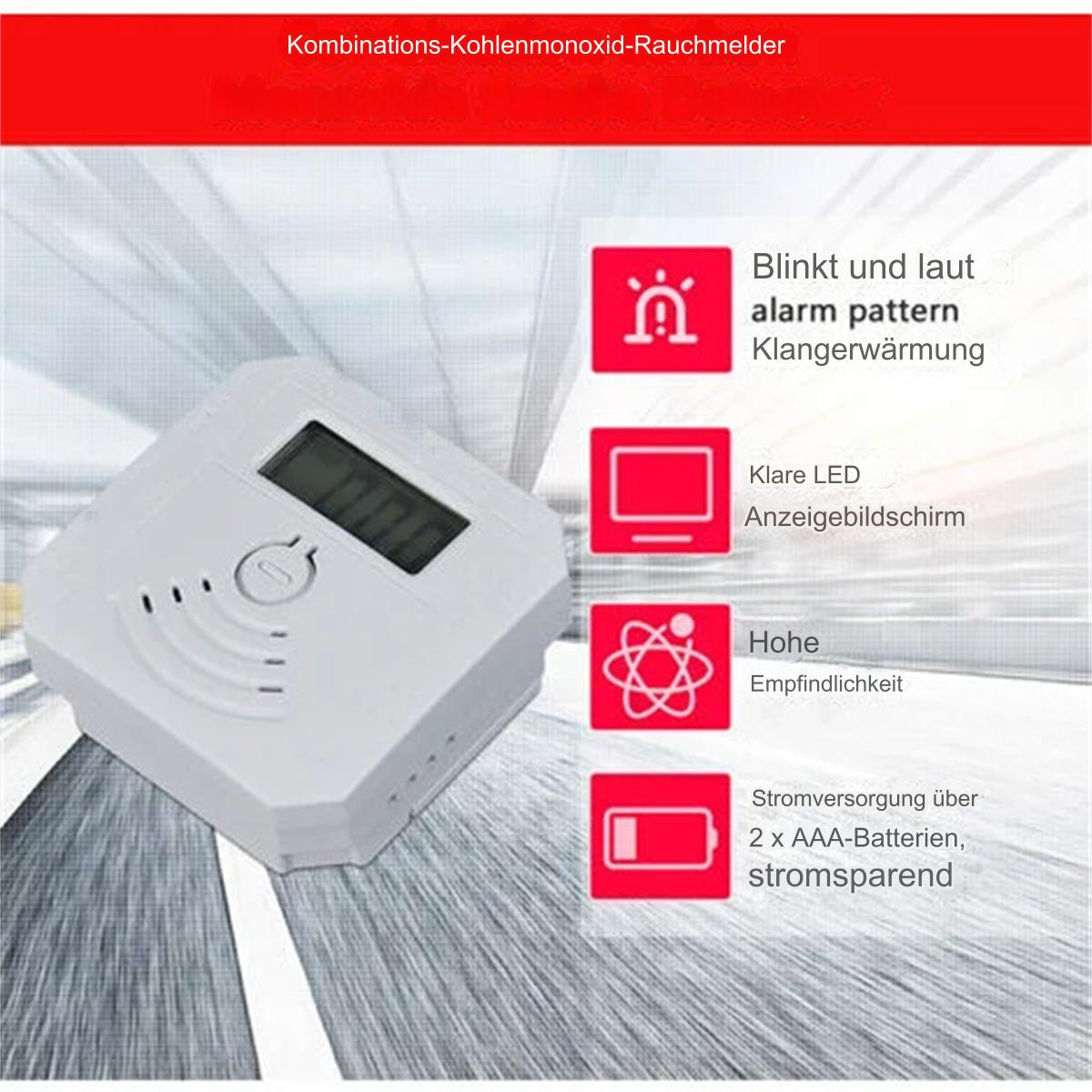 Ein weißer, quadratischer Rauchmelder mit Display und vier Informationssymbolen auf rotem Hintergrund.