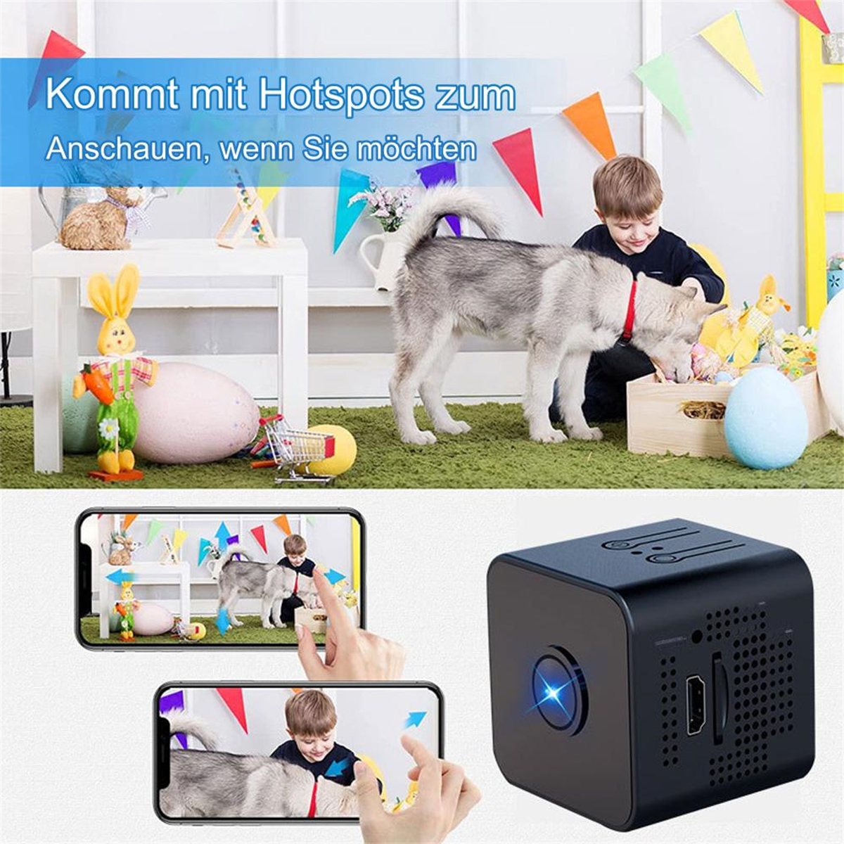 Eine schwarze Würfelkamera mit blauem Licht. Sie zeigt den Bildschirm eines Mobiltelefons.