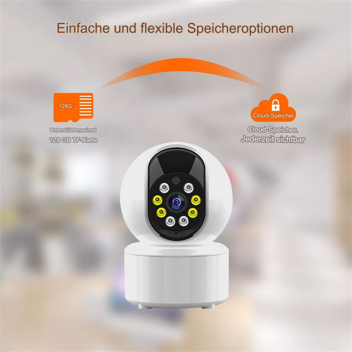 Eine weiße Überwachungskamera mit Text. Der Text umfasst: Cloud-Speicher. Der Hintergrund ist hellblau.