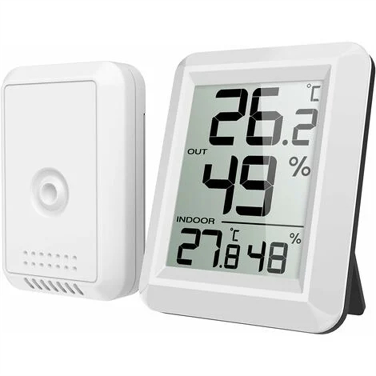 Weißes digitales Thermometer mit Temperatur- und Feuchtigkeitsanzeige. Links ein weißer Sensor.
