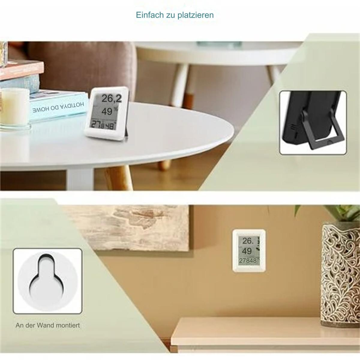Ein weißes digitales Thermometer auf einem Tisch und an der Wand.