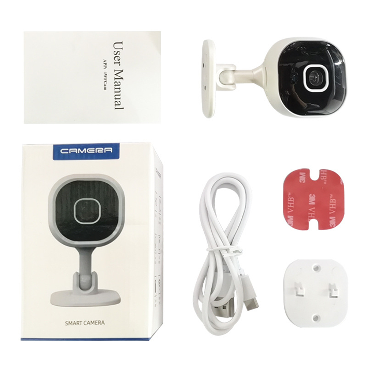 Kamera-Kit mit Kamera, Benutzerhandbuch, Montagehalterung, Kabel und Netzteil.