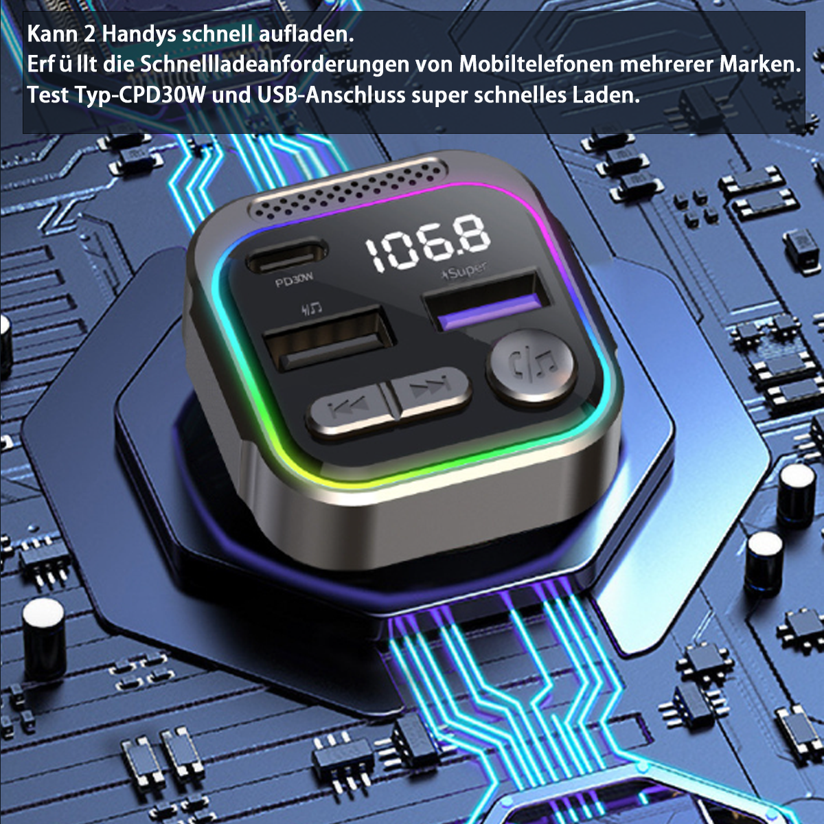 Ein schwarzes Gerät mit Bildschirm, der 106,8 anzeigt, mit USB-Anschlüssen und bunten Lichtern, auf einer Platine.