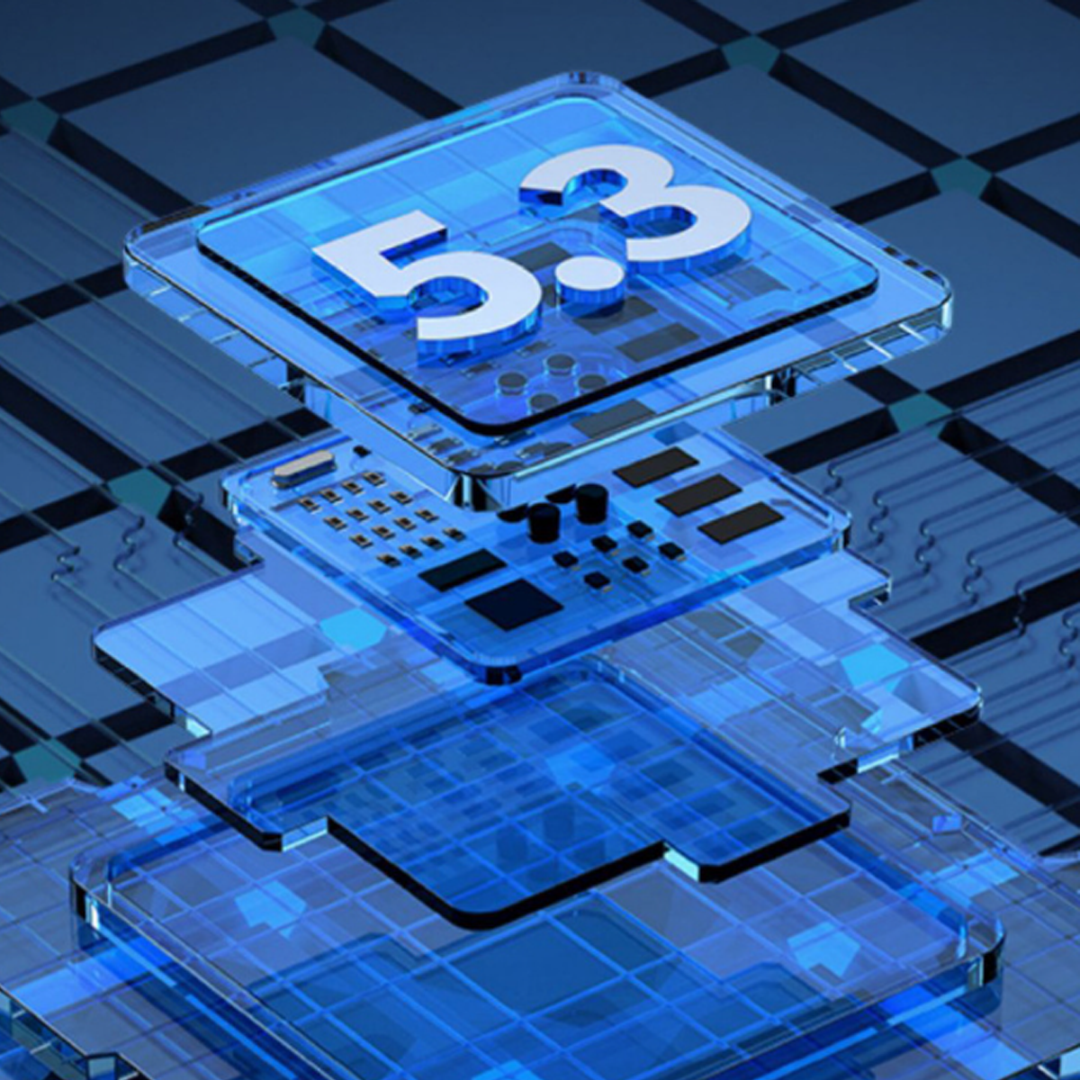 Blaue, transparente Tech-Komponenten mit der Nummer 5.3, mit einem geschichteten Design.