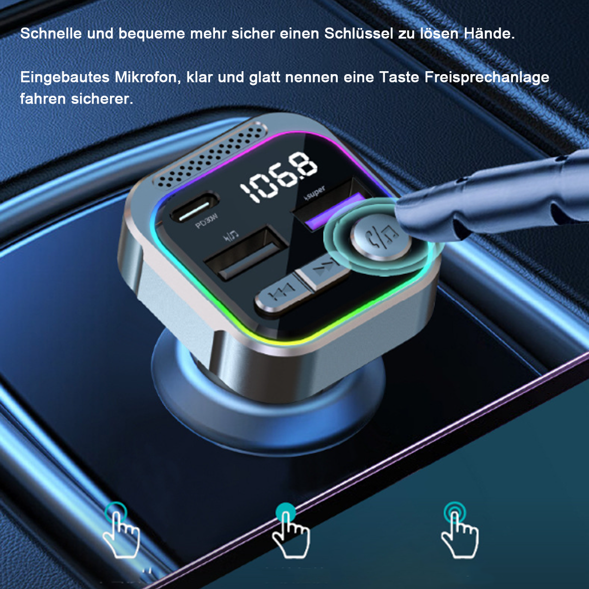 Ein Auto-Bluetooth-Adapter mit Digitalanzeige. Ein Finger berührt eine Taste. Die Farben sind hell.
