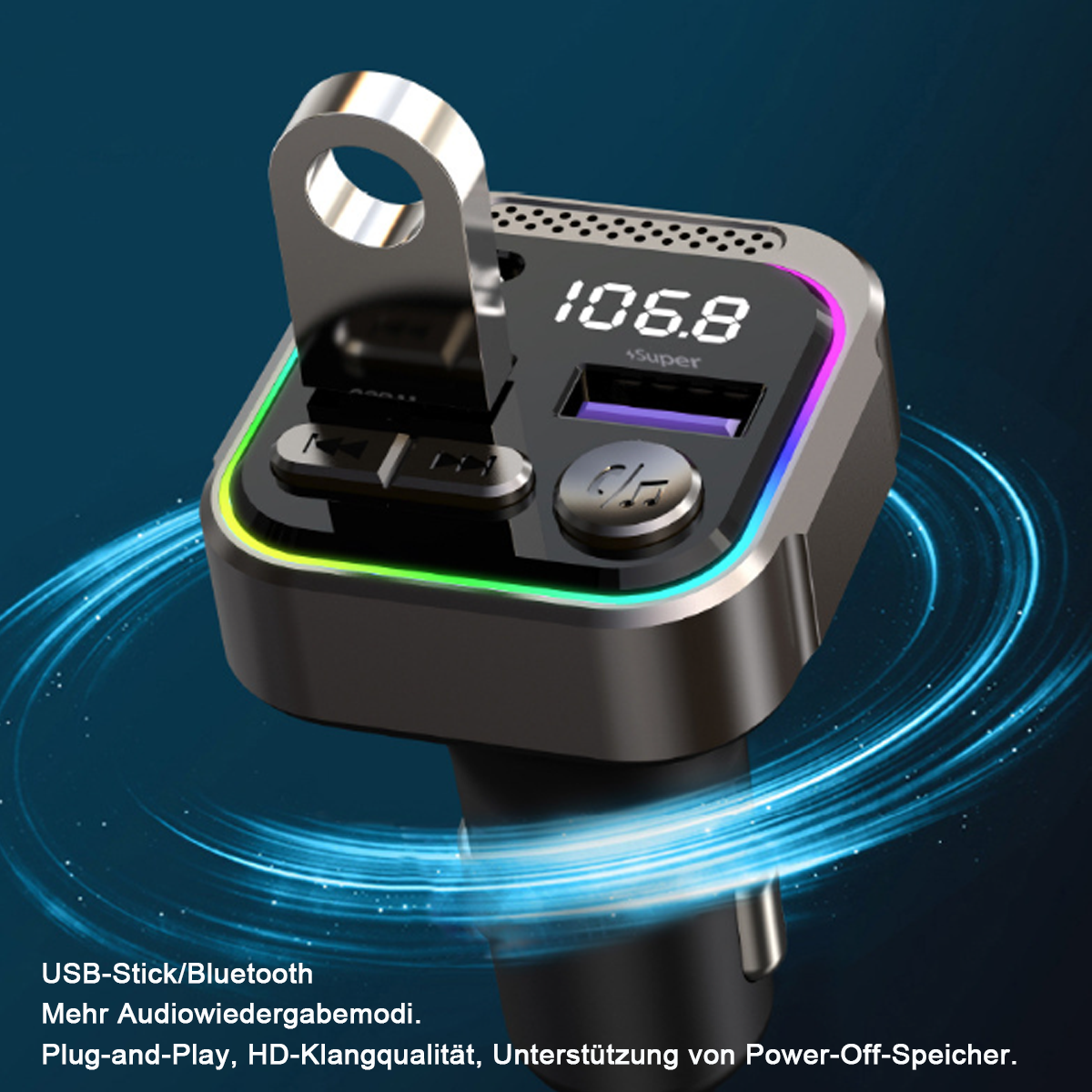 Schwarzes USB/Bluetooth-Gerät mit Bildschirm und bunten Lichtern, auf blauem Grund.
