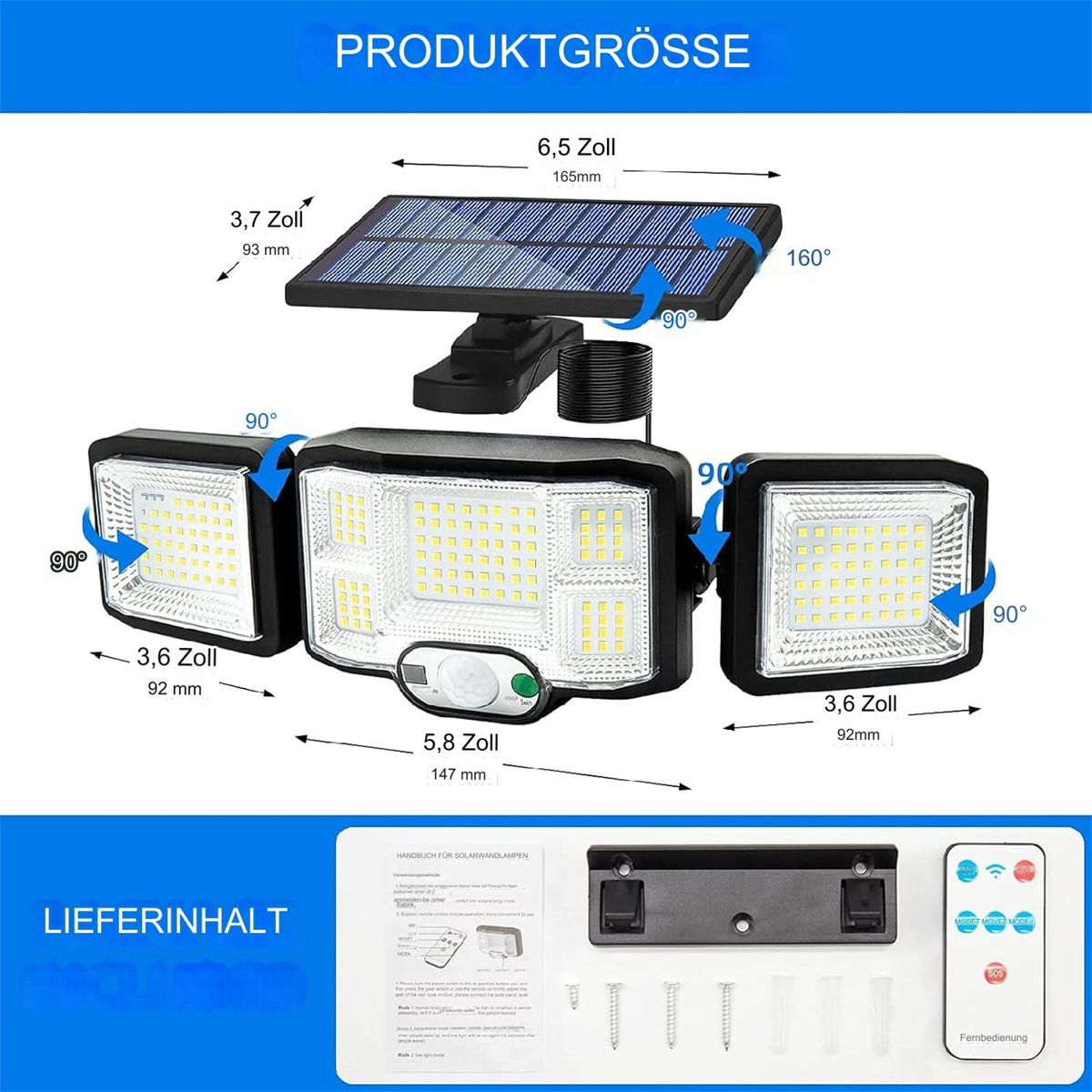 Solarpanel mit LED-Leuchten und Fernbedienung, Maße und Winkel gezeigt.